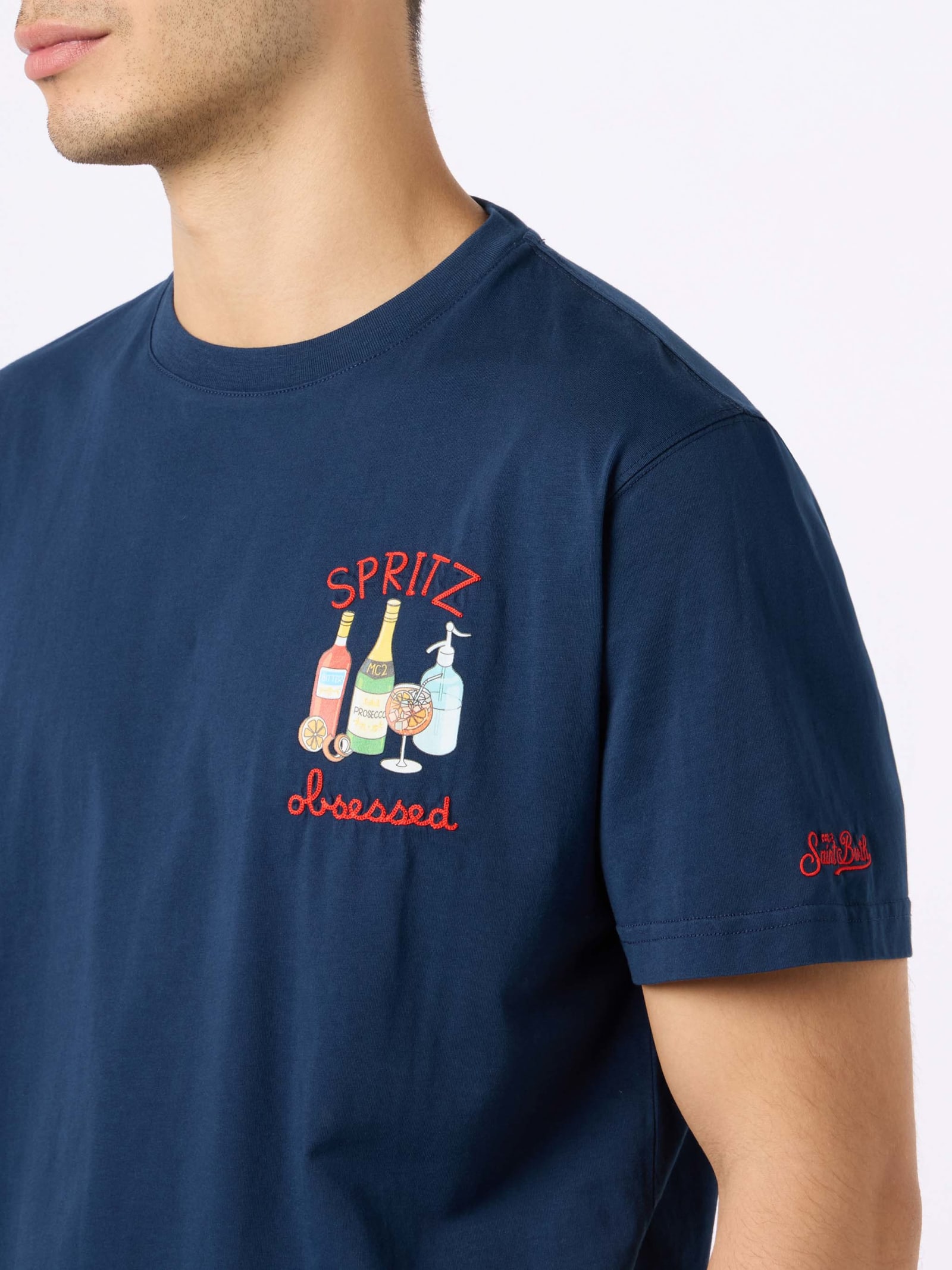Mc2 Saint Barth Man Cotton T-shirt With Spritz Obsessed Embroidery In Blue