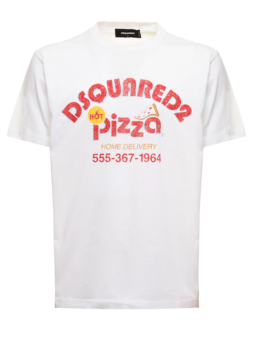 Dsquared2 D-squared2 Mans White Cotton T-shirt With Pizza S.crew Print