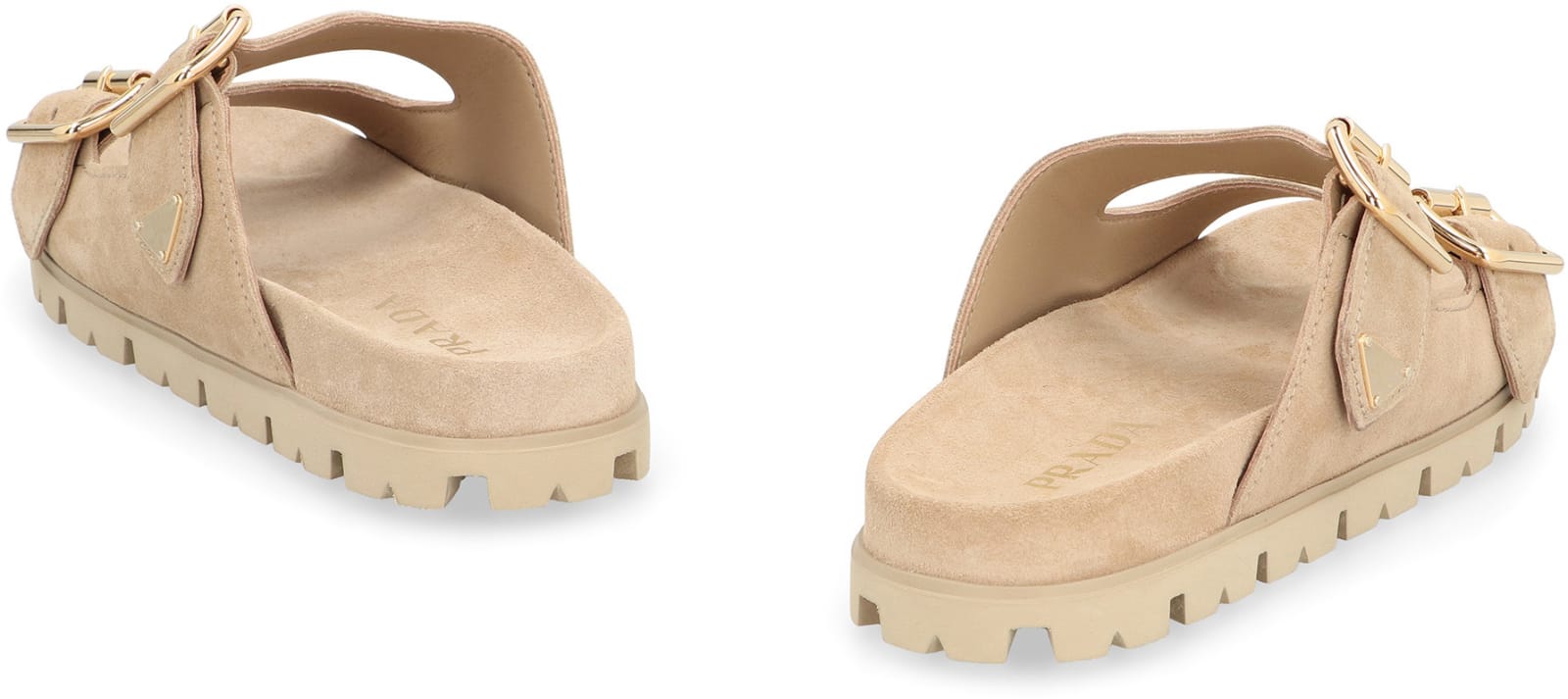 Shop Prada Suede Slides In Ecru