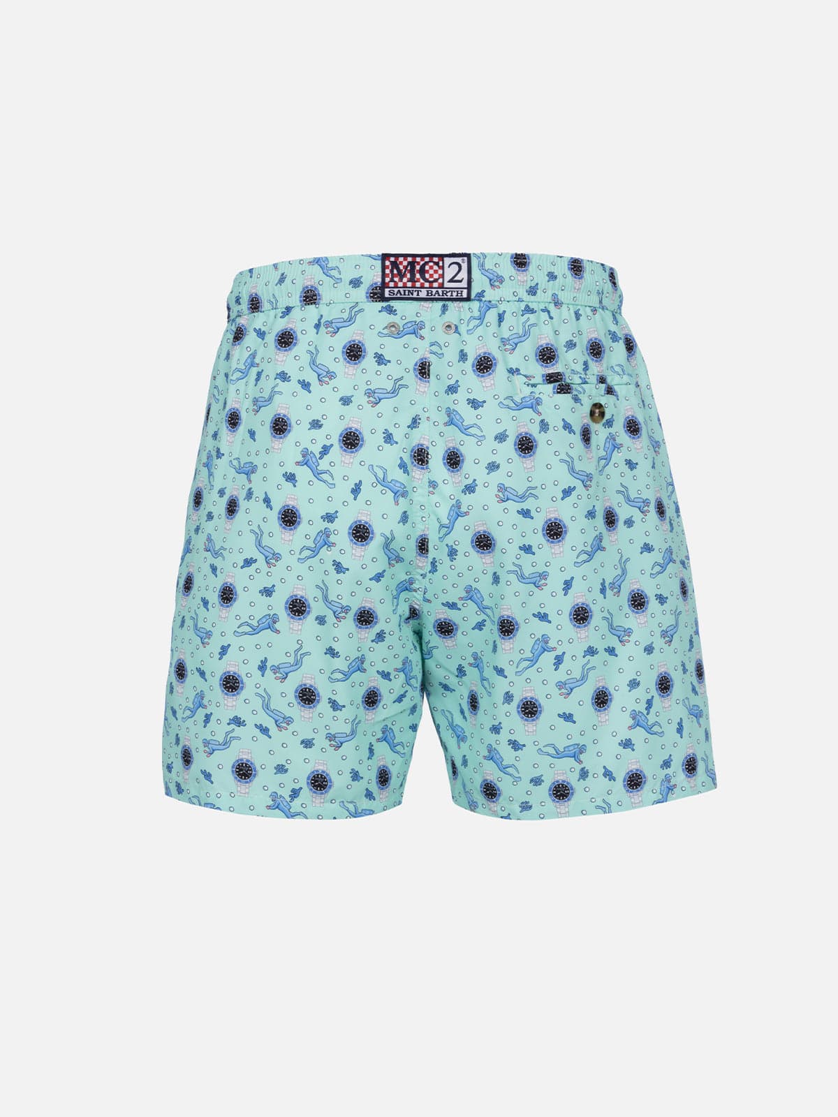 Shop Mc2 Saint Barth Man Lightweight Fabric Swim-shorts Lighting Micro Fantasy With Watches Print In Green