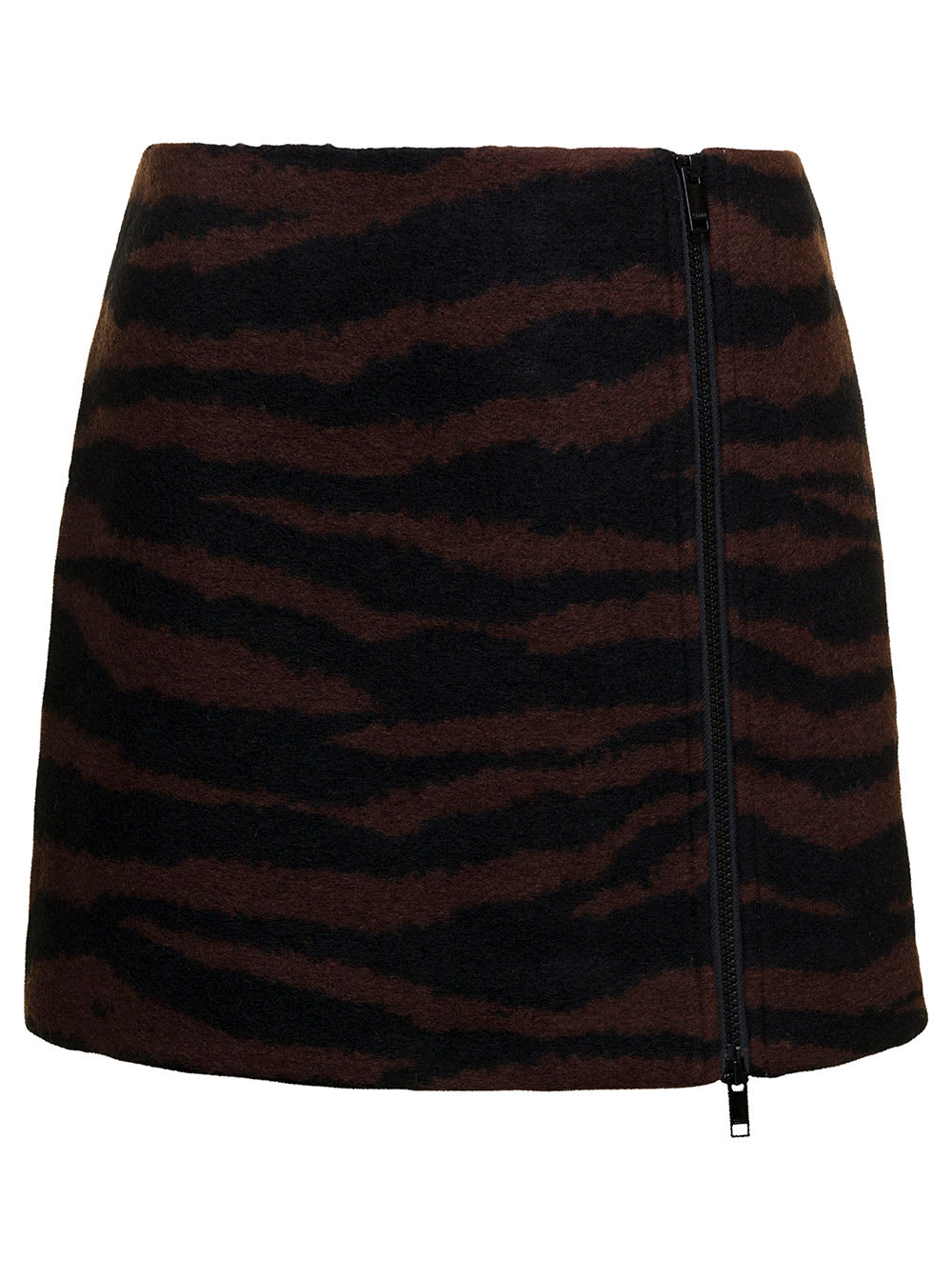 Shop Ganni Brown And Black Mini-skirt With Zip And Zebra Print In Wool Woman