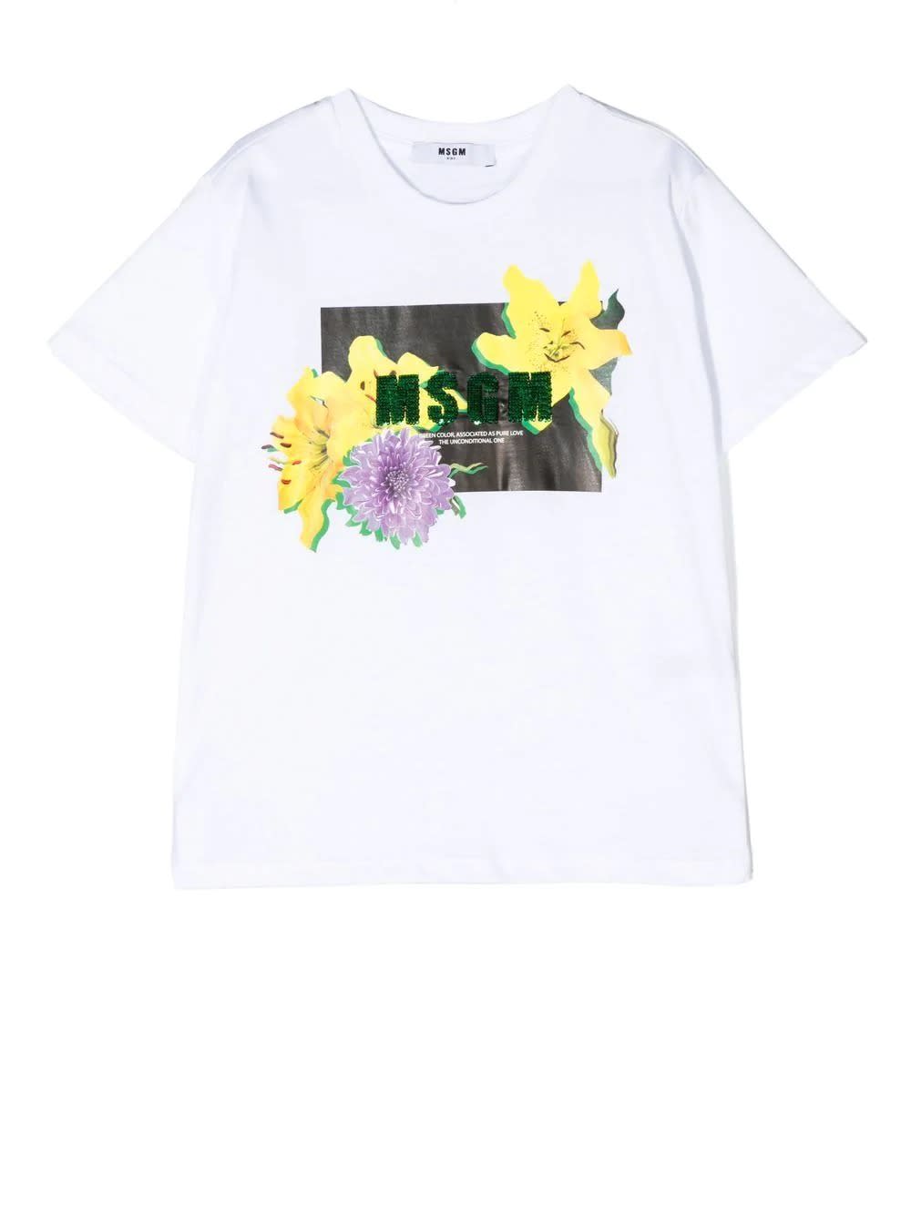 MSGM Kids White T-shirt With Logo And Graphic Print