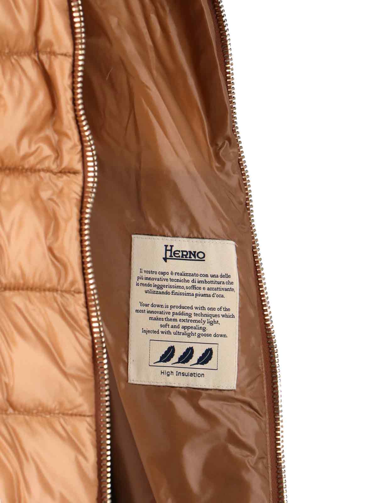 Herno Quilted Long Length Jacket With Detachable Collar In Brown