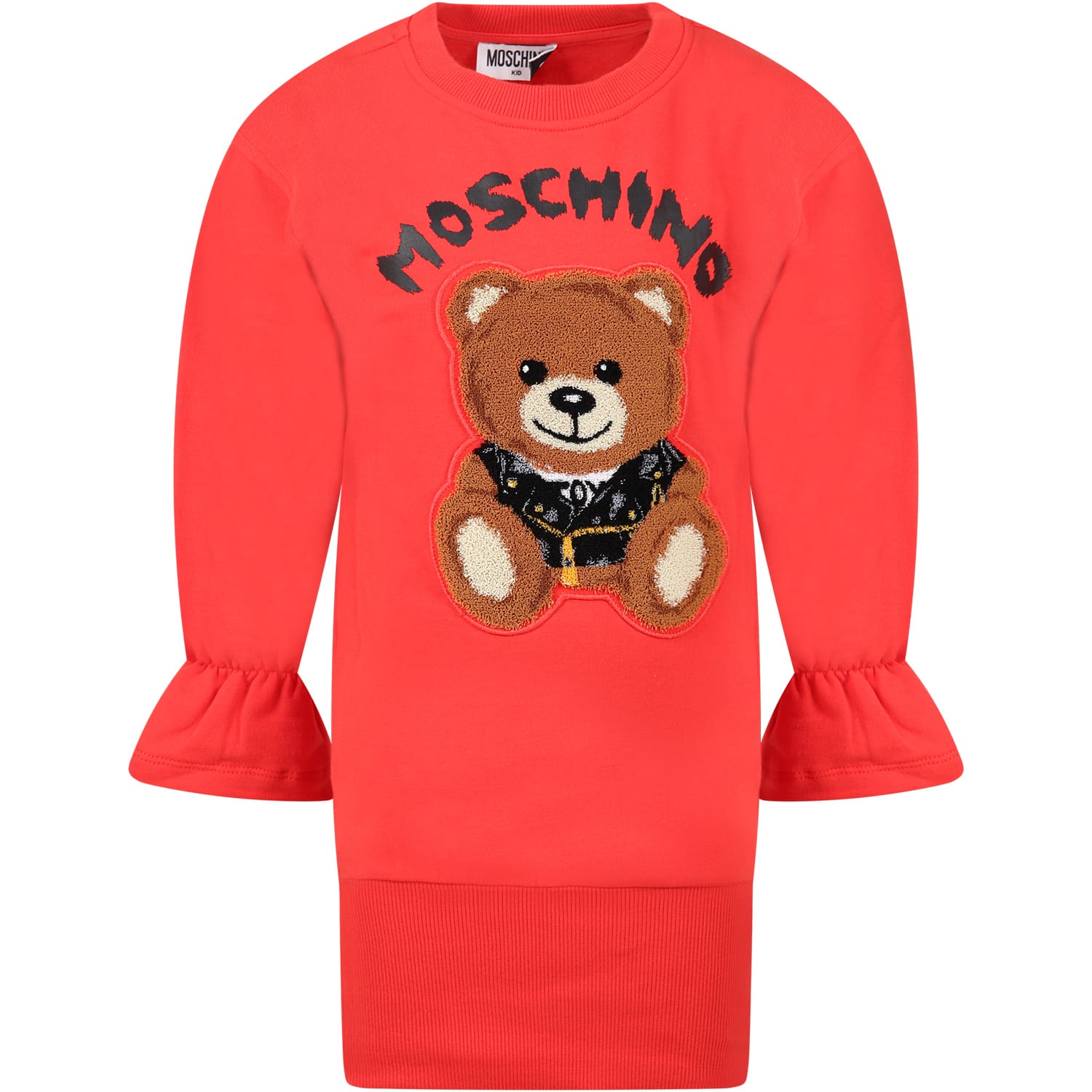 Moschino Red Dress For Girl With Teddy Bear And Logo