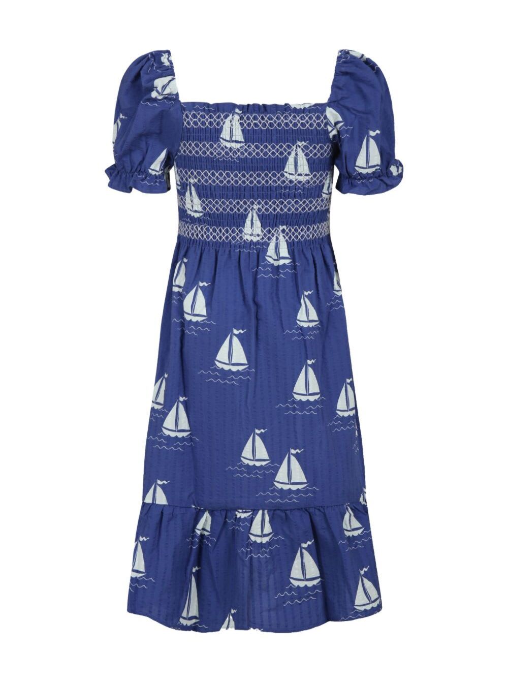Shop Mini Rodini Blue Dress With Square Neckline And All-over Boat Print In Cotton Girl