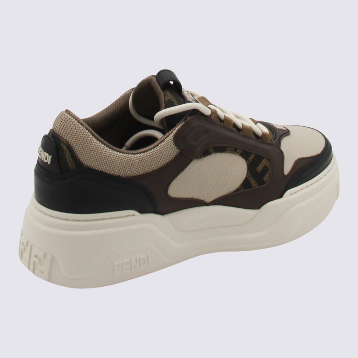 Fendi Force Leather Sneakers With Ff Jacquard And Mesh Details Shoes In Multi