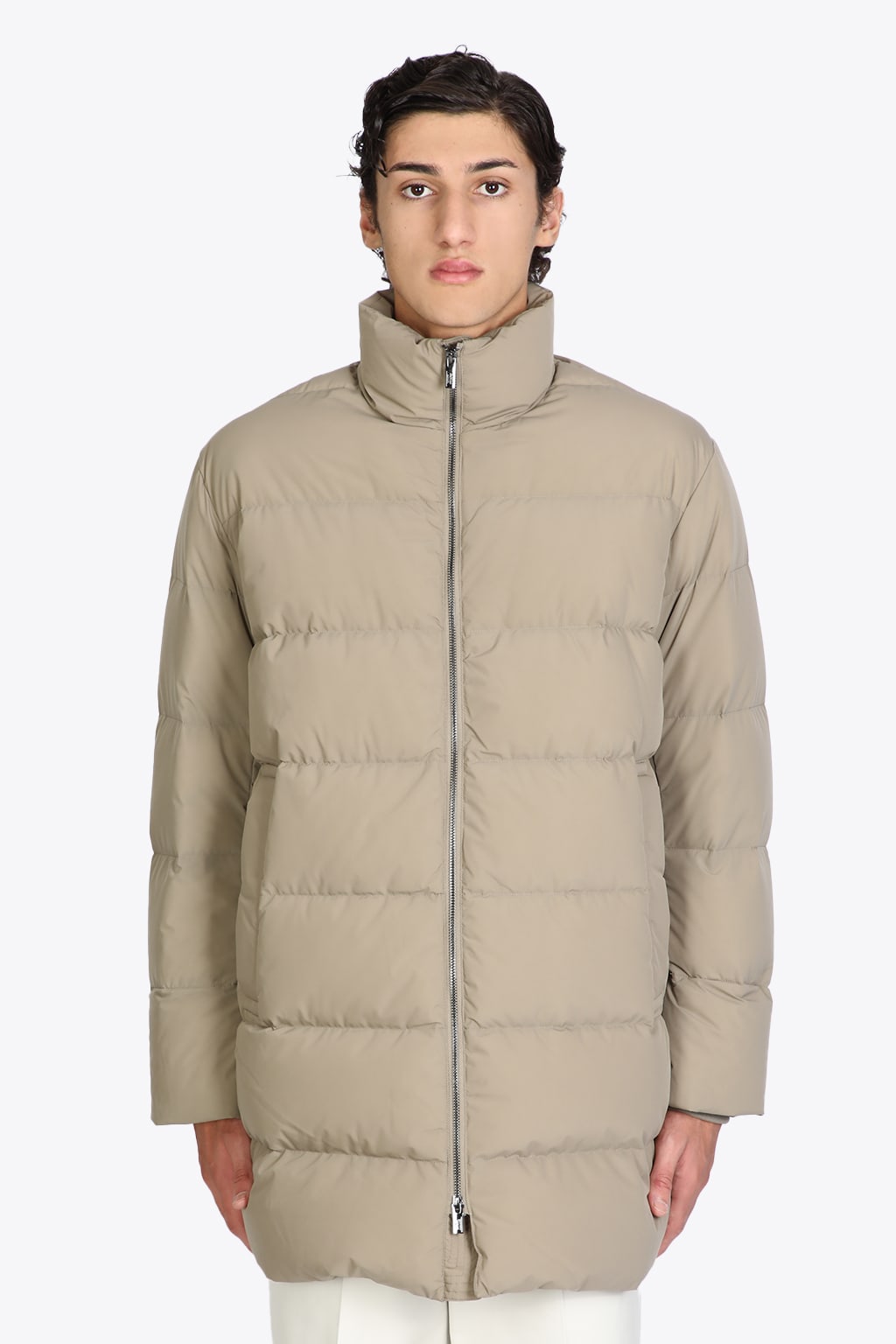 Emporio Armani Down Jacket Beige stretch nylon mid-lenght puffer jacket.
