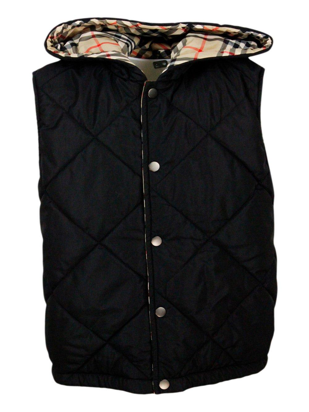 Shop Burberry Vintage-check Reversible Hooded Padded Gilet In Beige