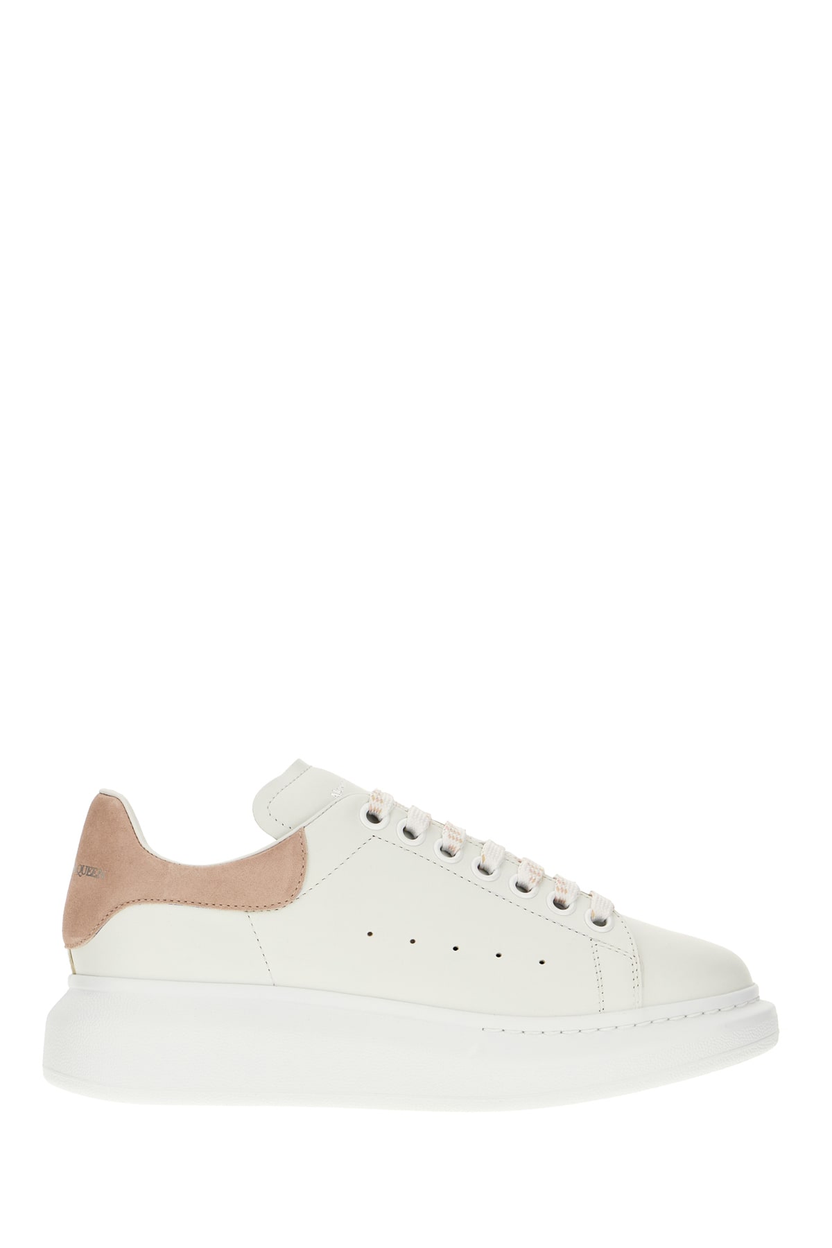 White Leather Sneakers With Pink Suede Heel