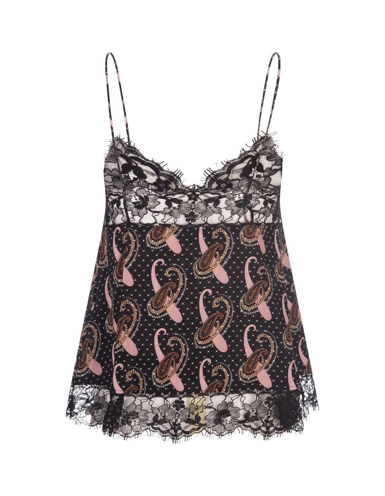 Shop Etro Black Top With Lace And Paisley Motifs