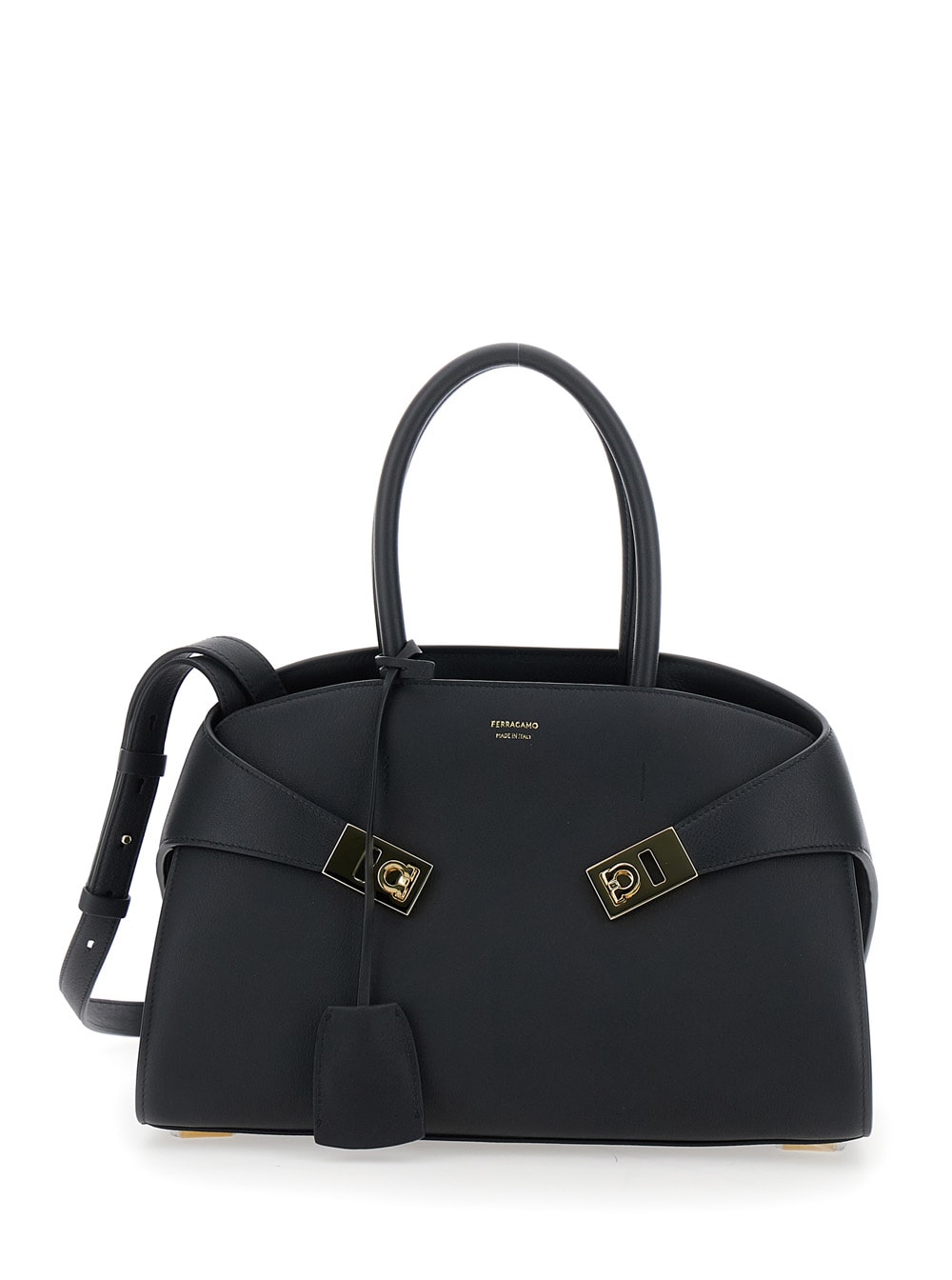 Ferragamo Hug S Black Handbag With Logo And Gancini Buckle In Leather Woman