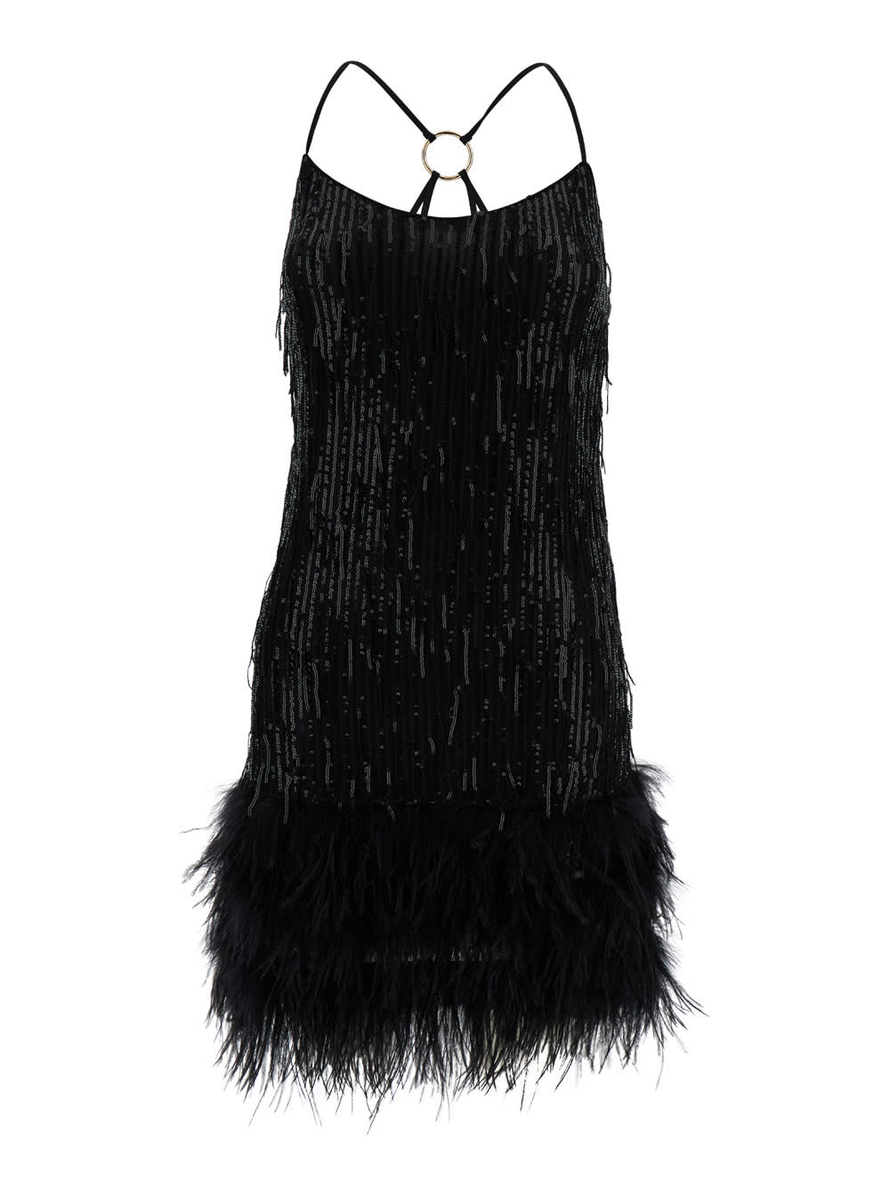 Shop Liu •jo Short Sequined Dress With Black Feathers In Technical Fabric Woman