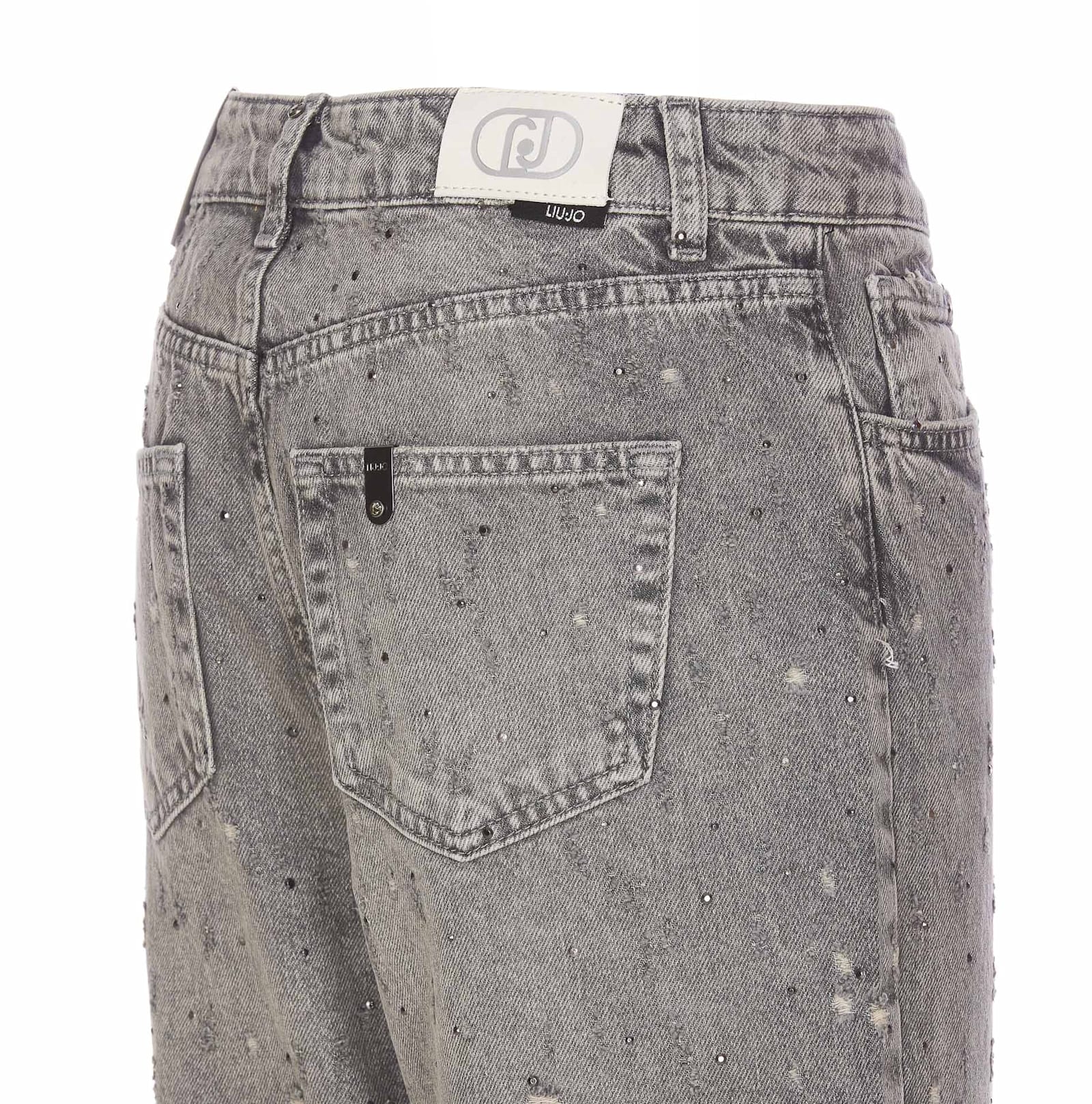 Shop Liu •jo Strass And Ripped Out Jeans In Grey