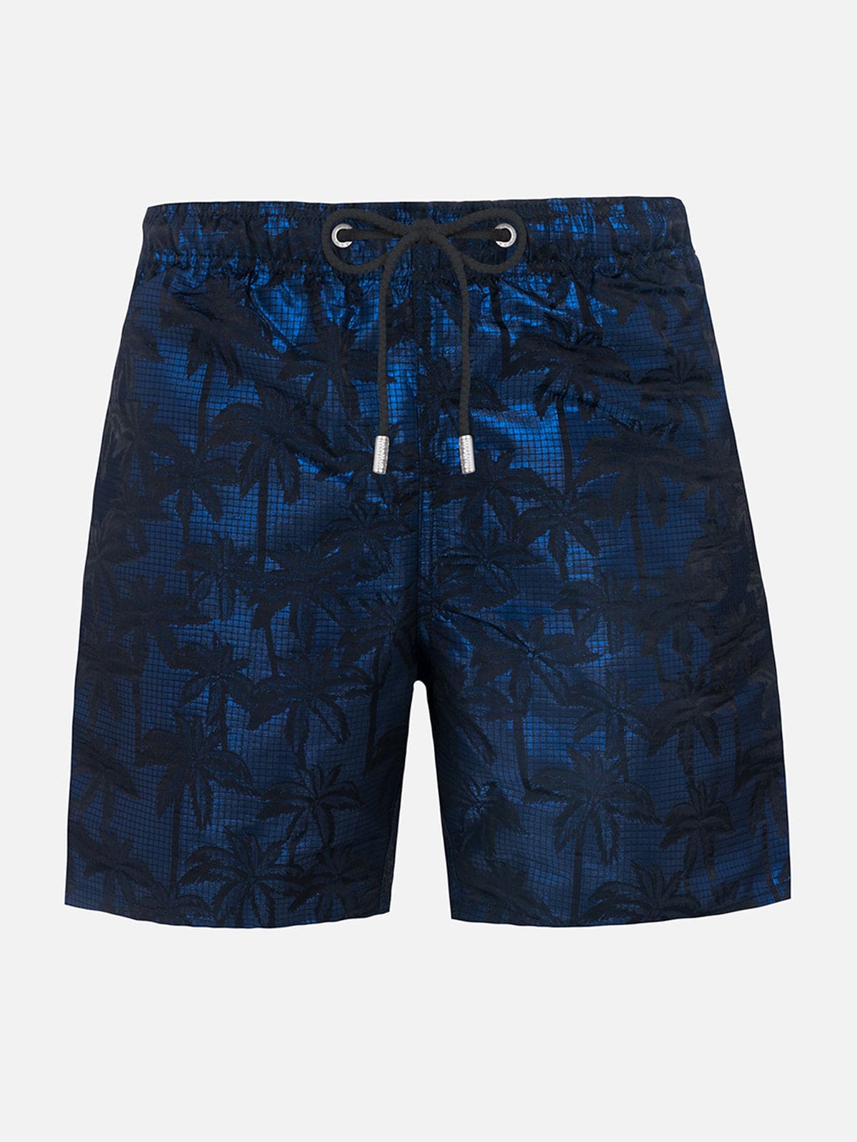 Mc2 Saint Barth Man Ripstop Fabric Swim Shorts Harbour The Riviera With Palm Jacquard Print In Blue