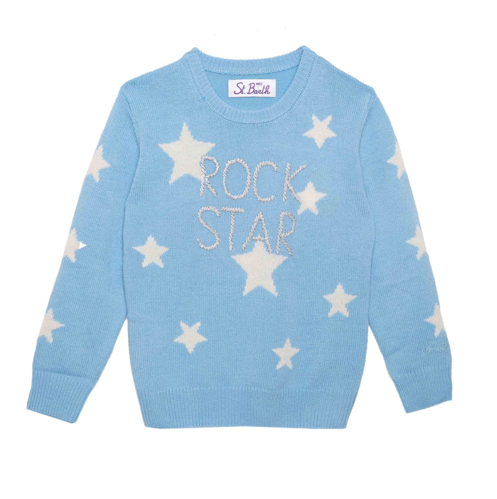 Mc2 Saint Barth Kids' Girl Sweater With Stars Print And Rock Star Embroidery In Blue