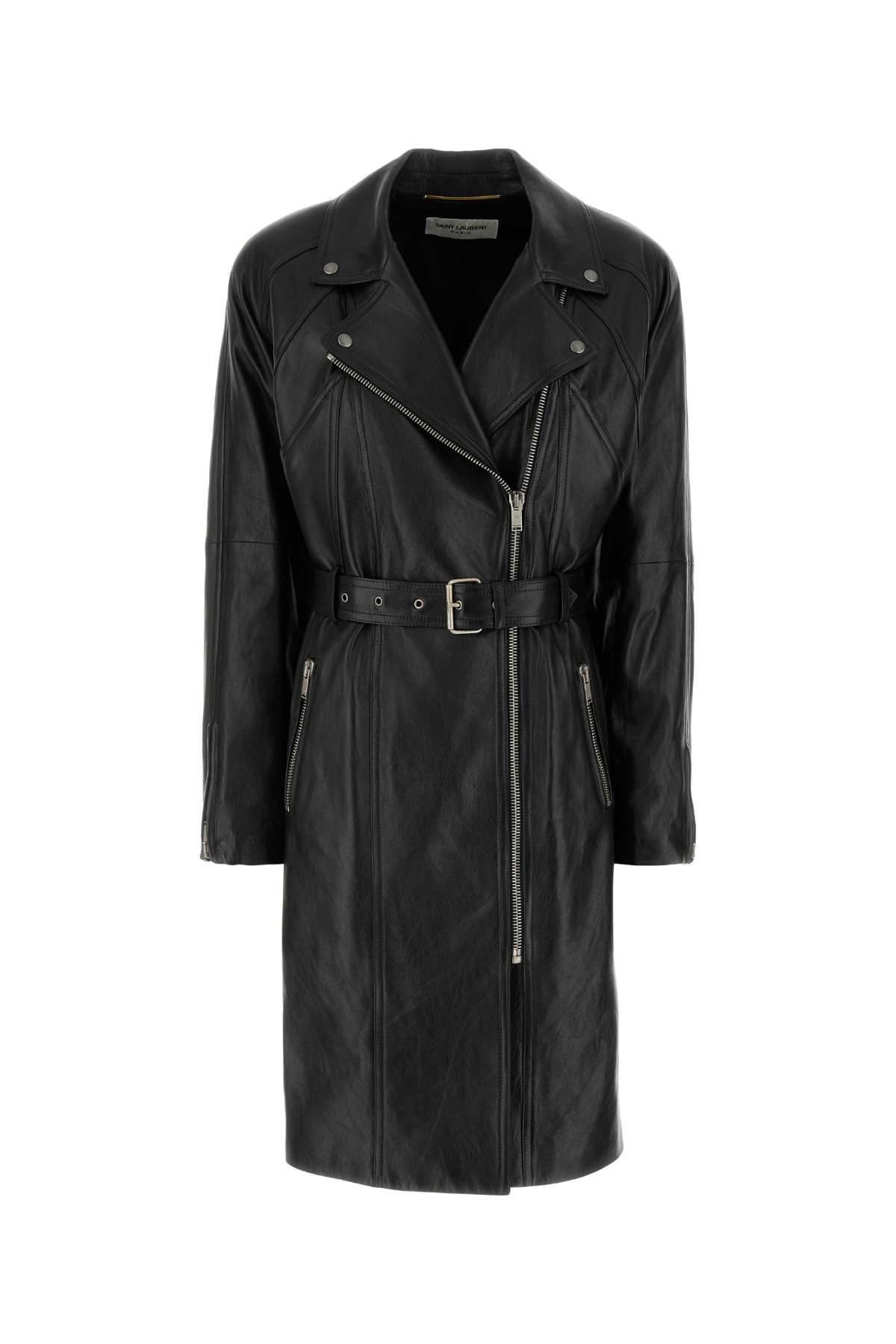 Shop Saint Laurent Black Leather Trench Coat In Noir