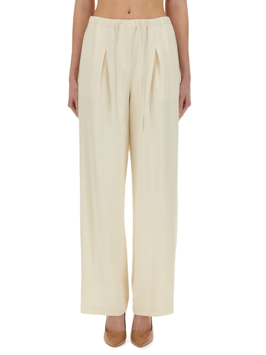 Theory Drawstring Elastic Waistband Pleated Trousers In Ivory