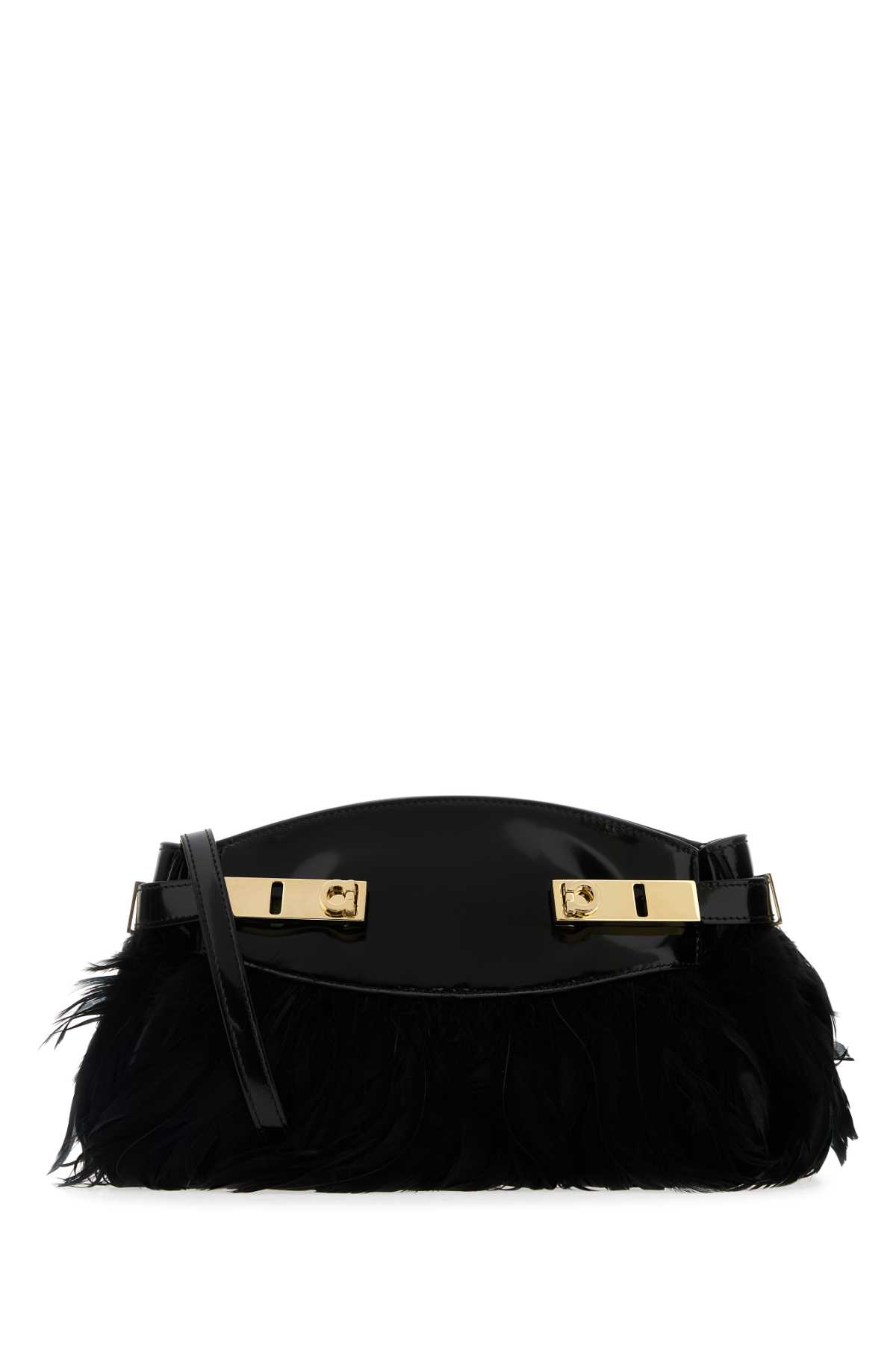 Ferragamo Black Leather And Feathers Hug Clutch In Black