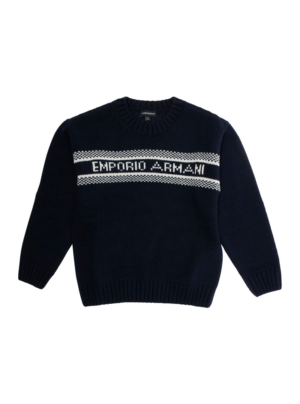 Emporio Armani Blue Crewneck Sweater With Maxi Logo Lettering On The Front And Ribbed Trims In Wool Blend Boy In Black