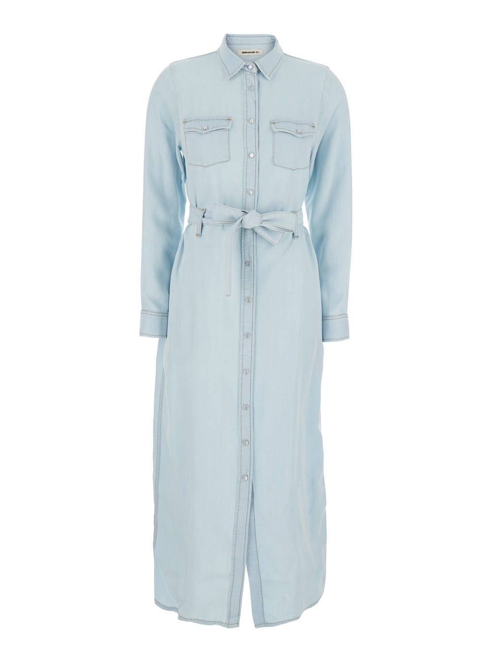 artemia Light Blue Long Dress With Chest Patch Pockets And Waist Belt In Fabric Woman