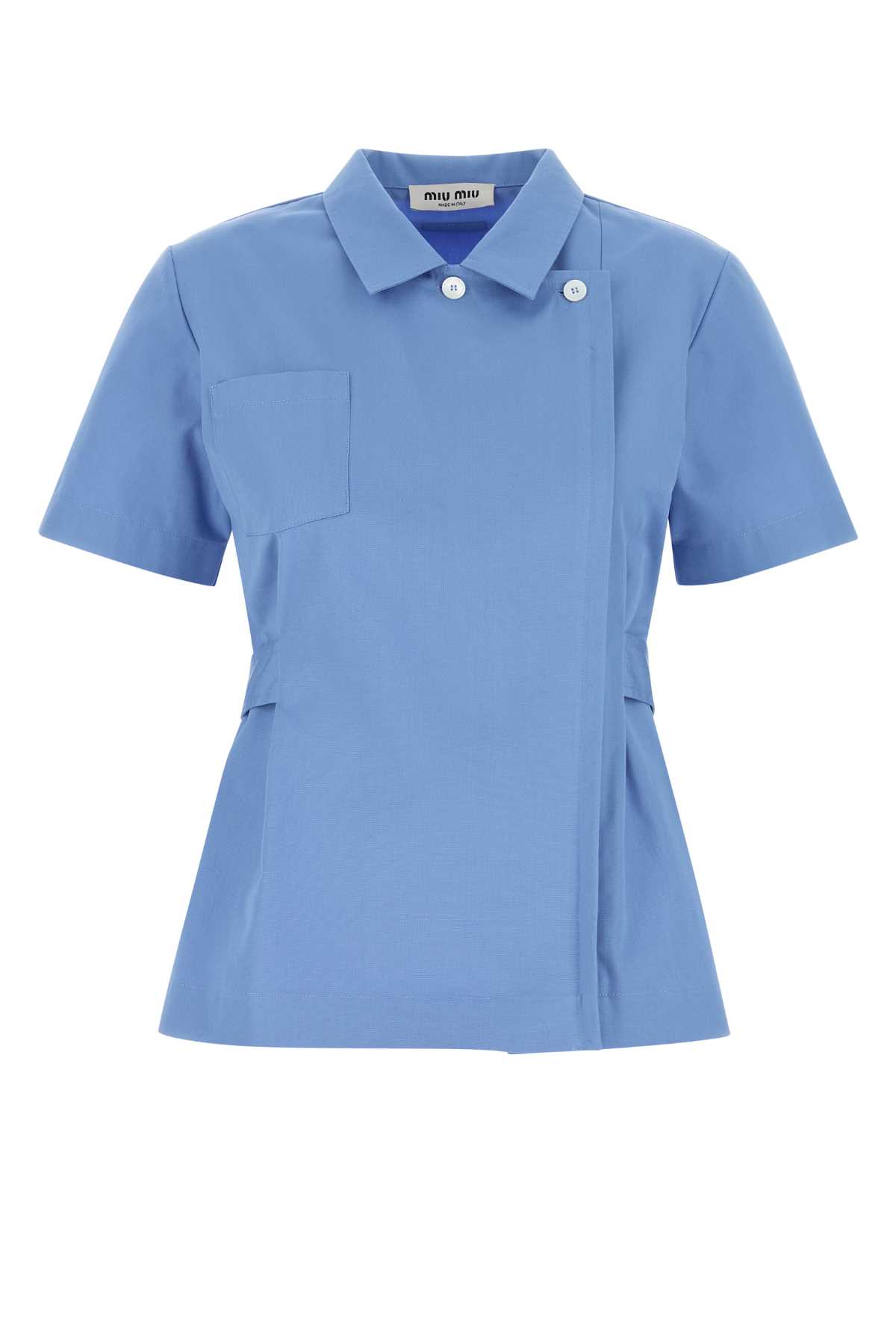 Miu Miu Poplin Shirt Featuring Belted Waist And Buttons In Blue