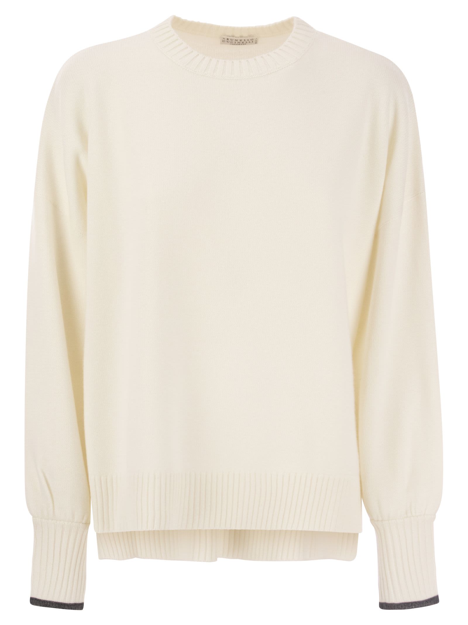 Shop Brunello Cucinelli Cashmere Knit With Shiny Contrast Cuffs In White