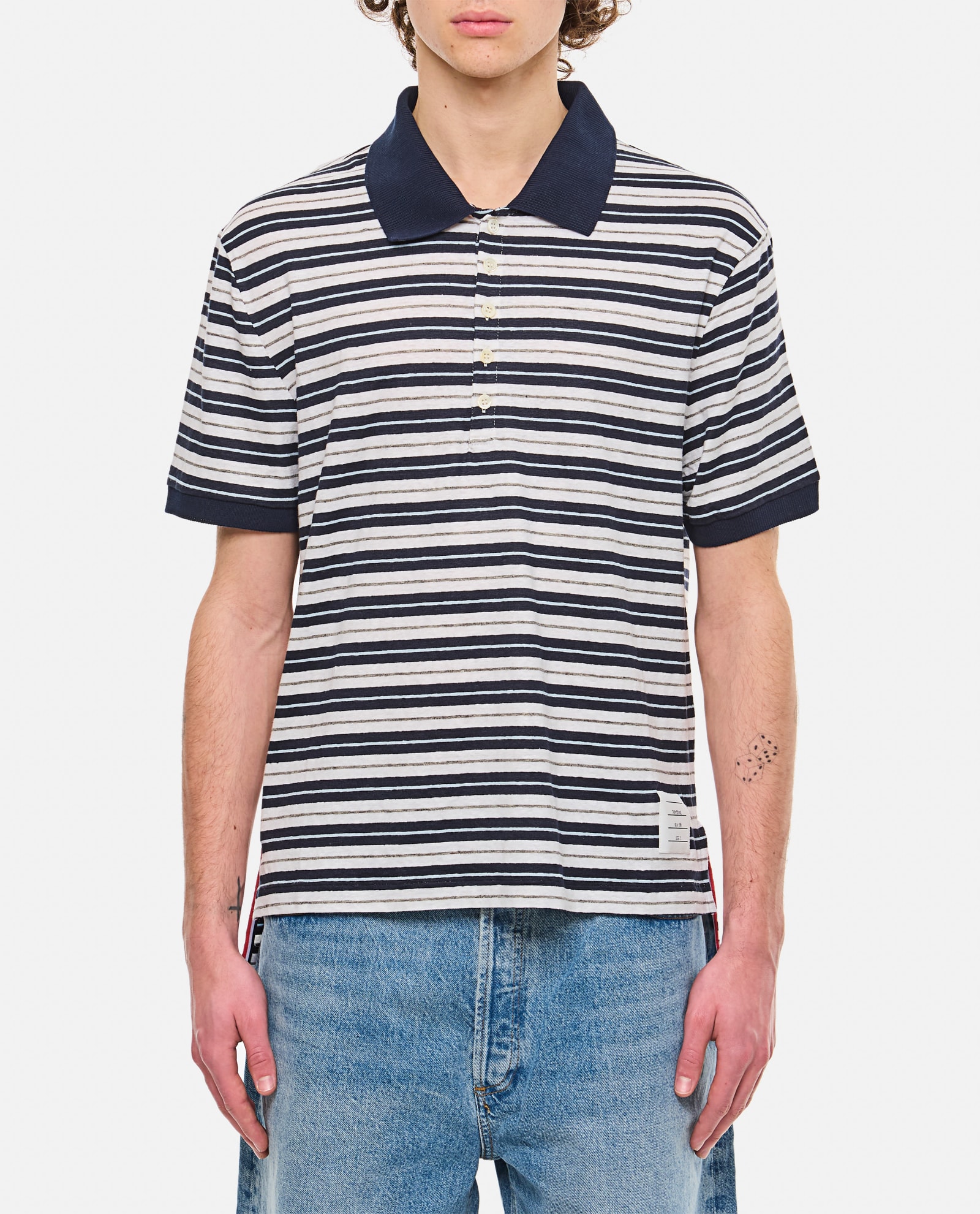 Shop Thom Browne Linen Striped Polo In Navy