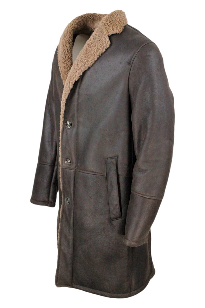 Shop Barba Napoli Single-breasted Shearling Sheepskin Coat With Button Closure And Side Pockets In Brown