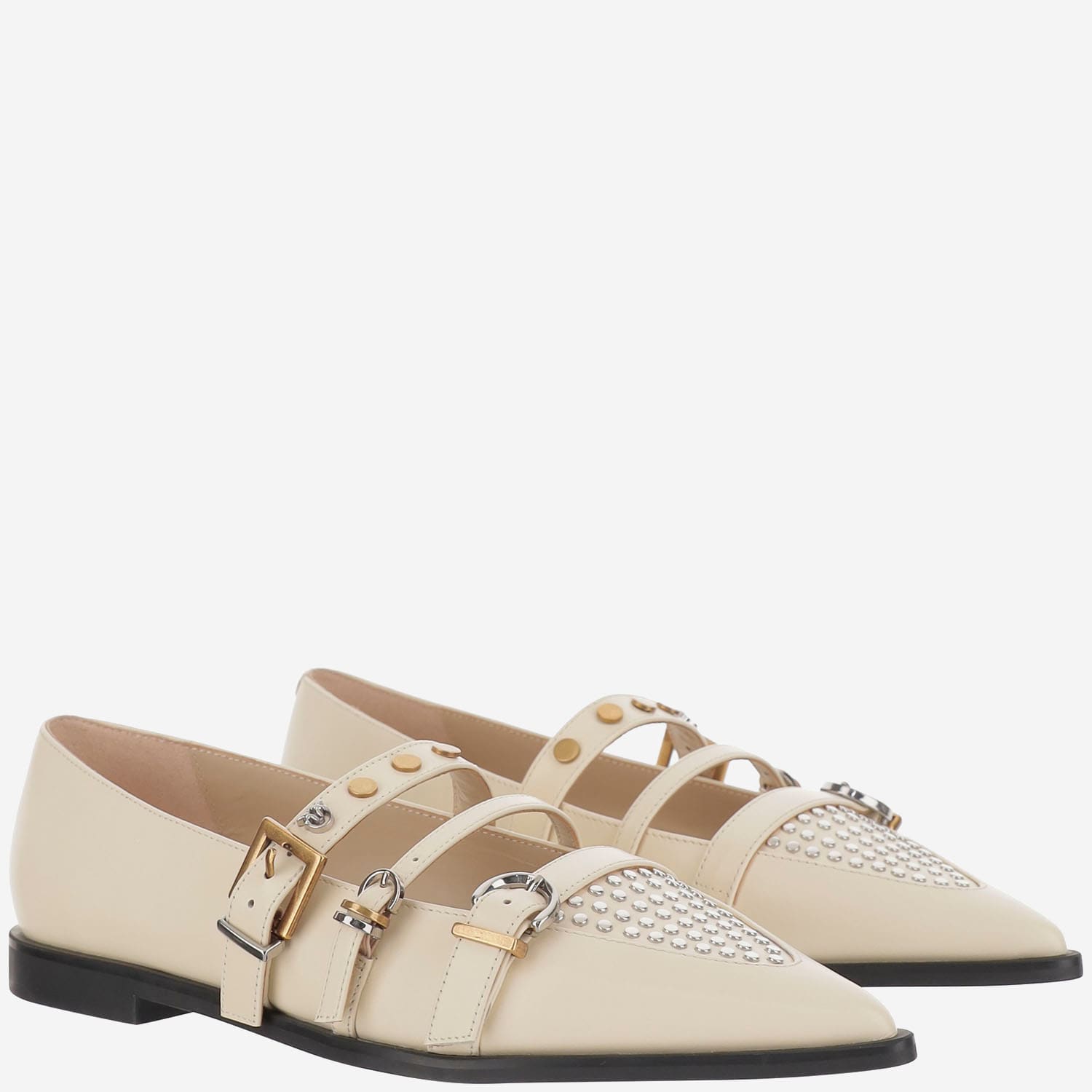 Pinko Buckle-embellished Pointed Ballet Flats In White