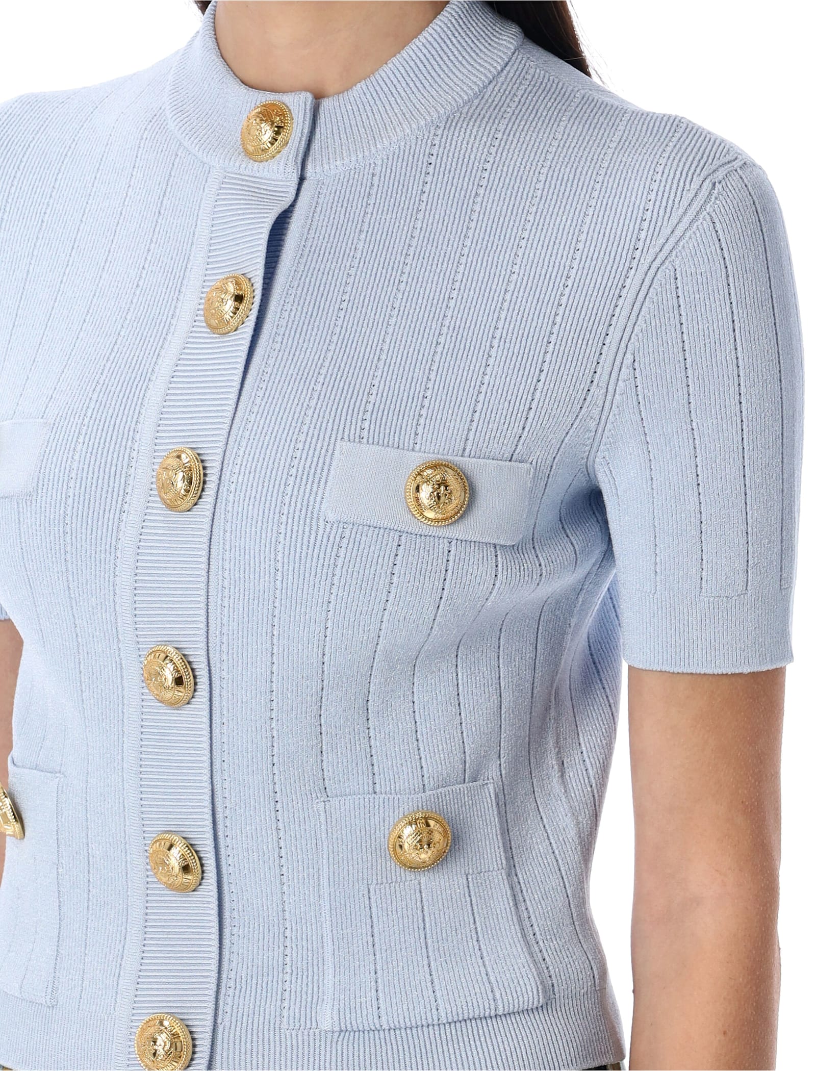 Balmain 4-pocket Knitted Cardigan In Pale Blue