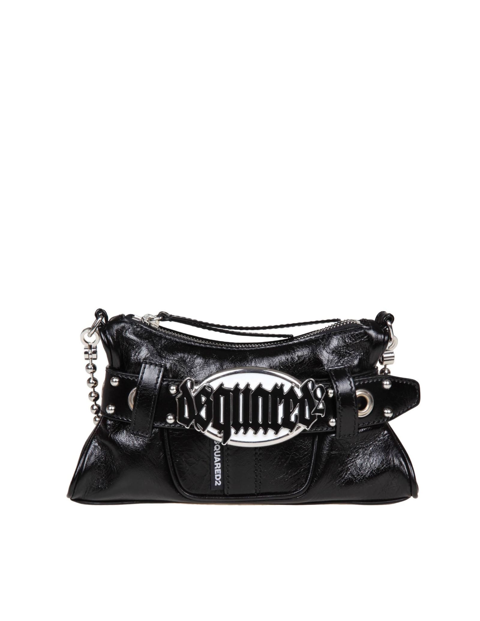 Shop Dsquared2 Black Shiny Leather Shoulder Bag With Logo