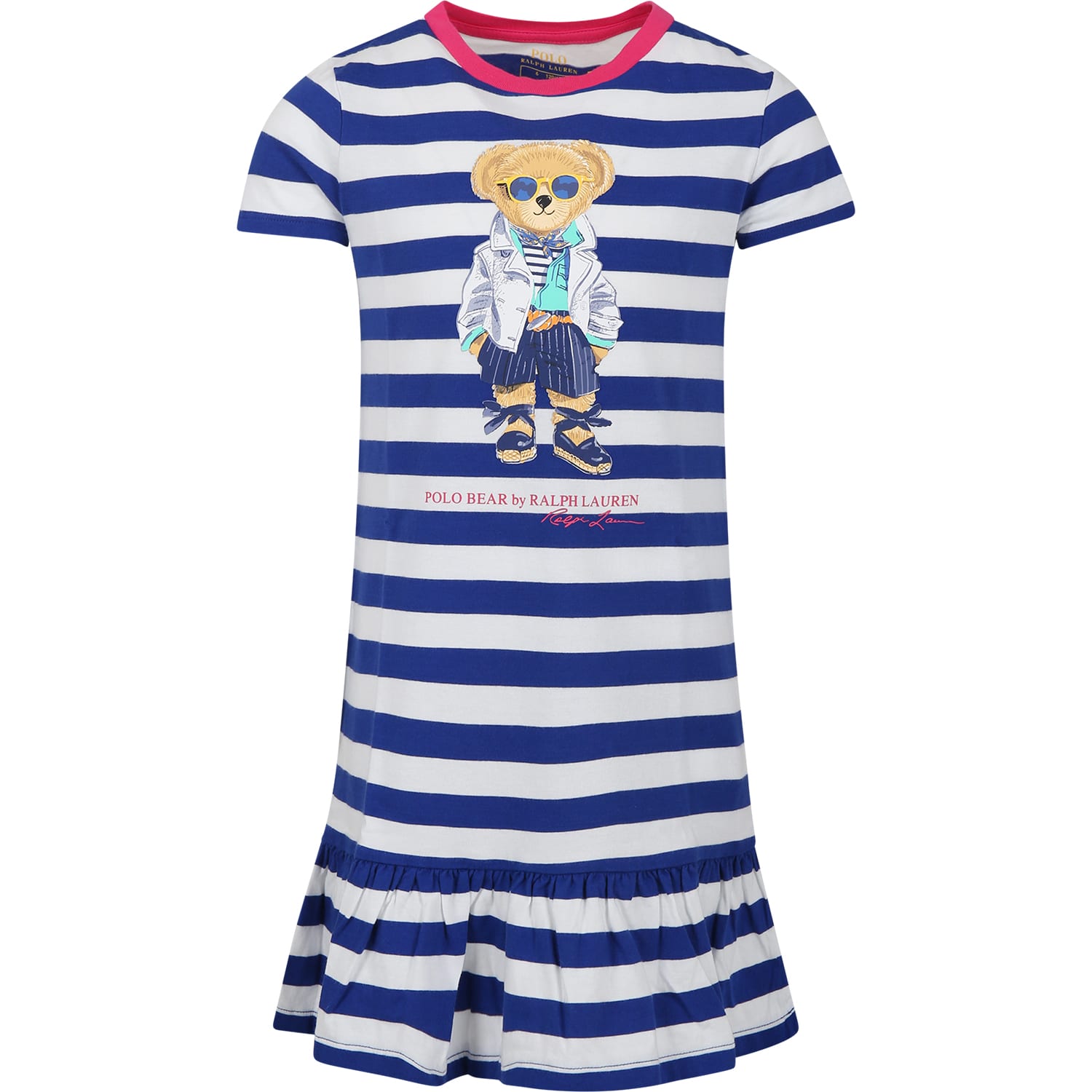 Ralph Lauren Kids' Blue Dress For Girl With Polo Bear In Multicolor