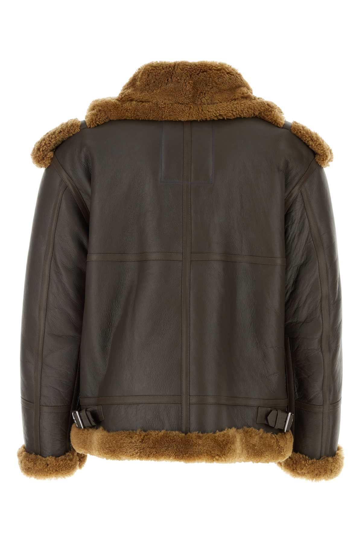Burberry Dark Brown Leather Jacket In Otter