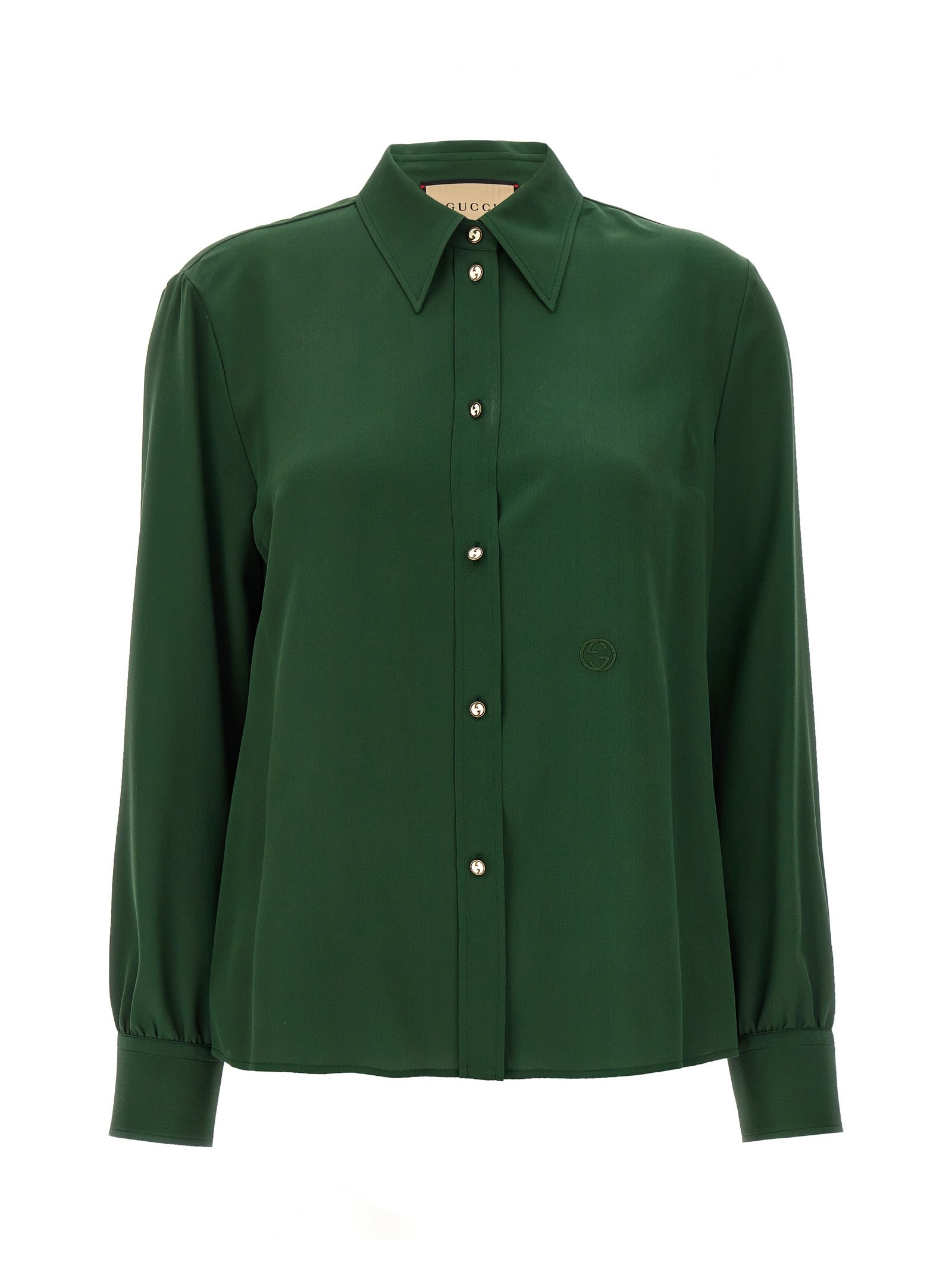 Gucci Crêpe De Chine Shirt With Logo Embroidery In Green