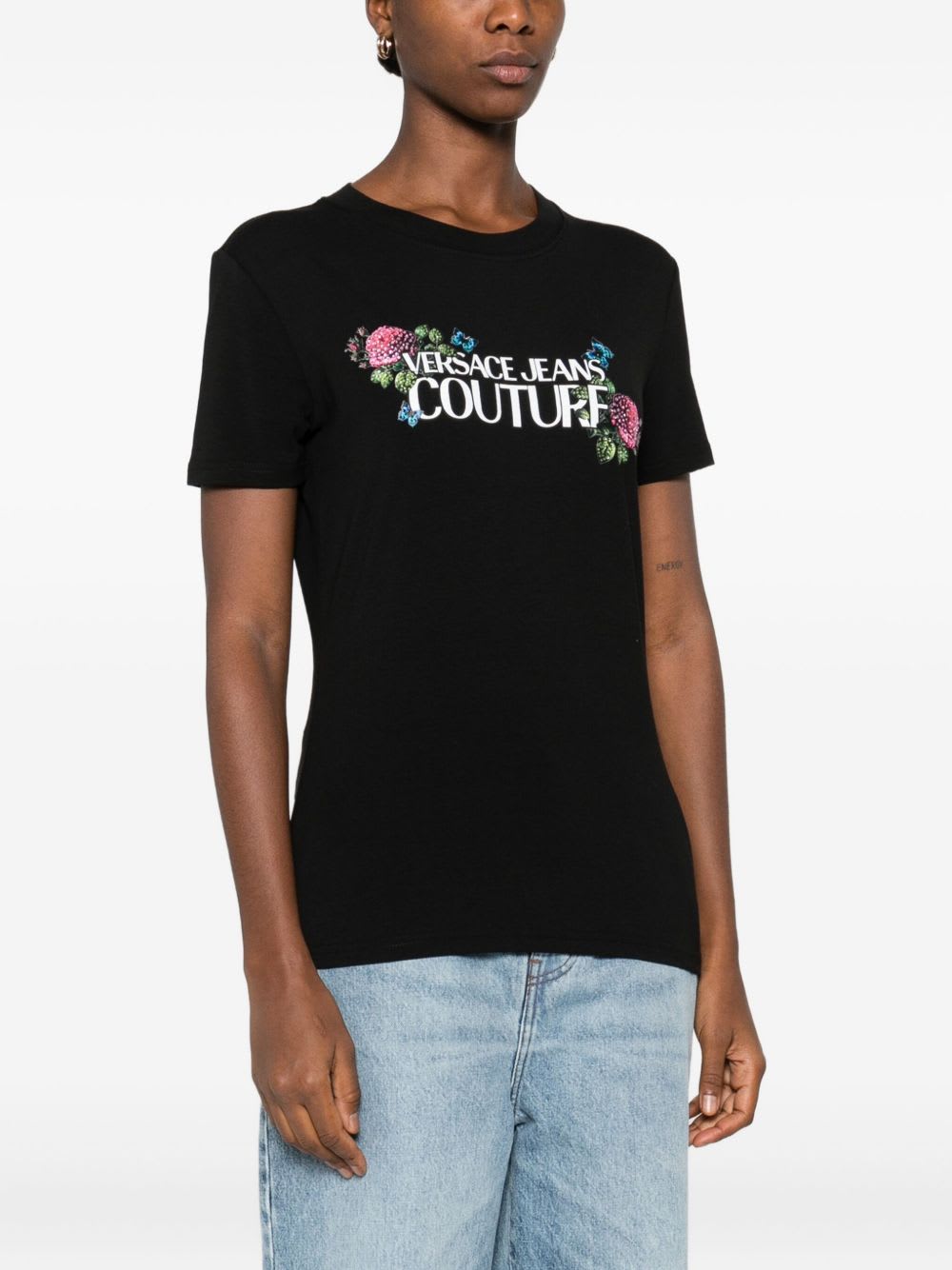 Versace Jeans Couture Floral Print Short Sleeve Crew Neck Top In Black