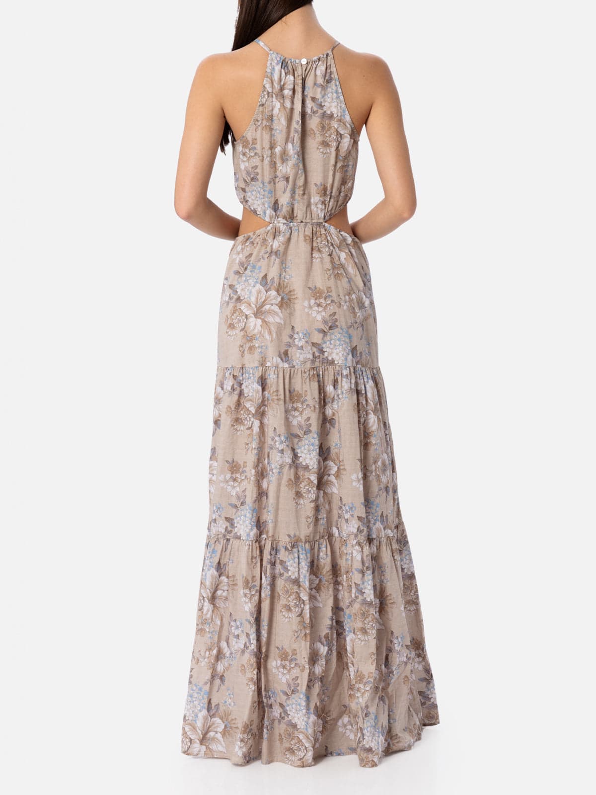 Shop Mc2 Saint Barth Woman Cut Out Long Dress Kaby With Flower Print In Beige