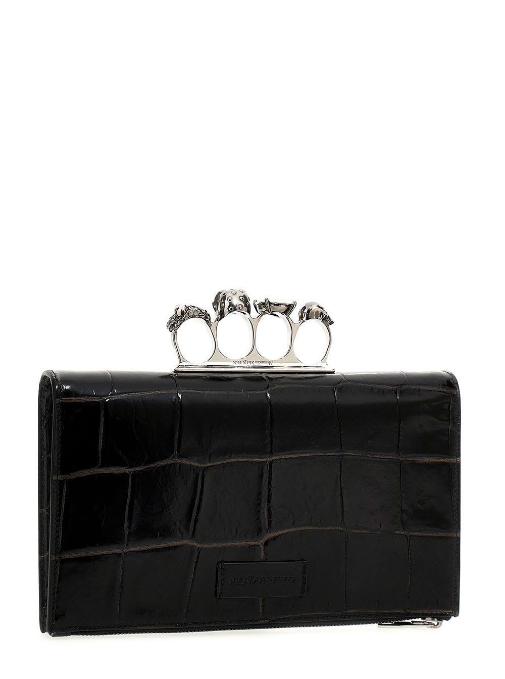 Shop Alexander Mcqueen Skull Small Black Clutch With Four Ring Detail In Croco Printed Leather Man