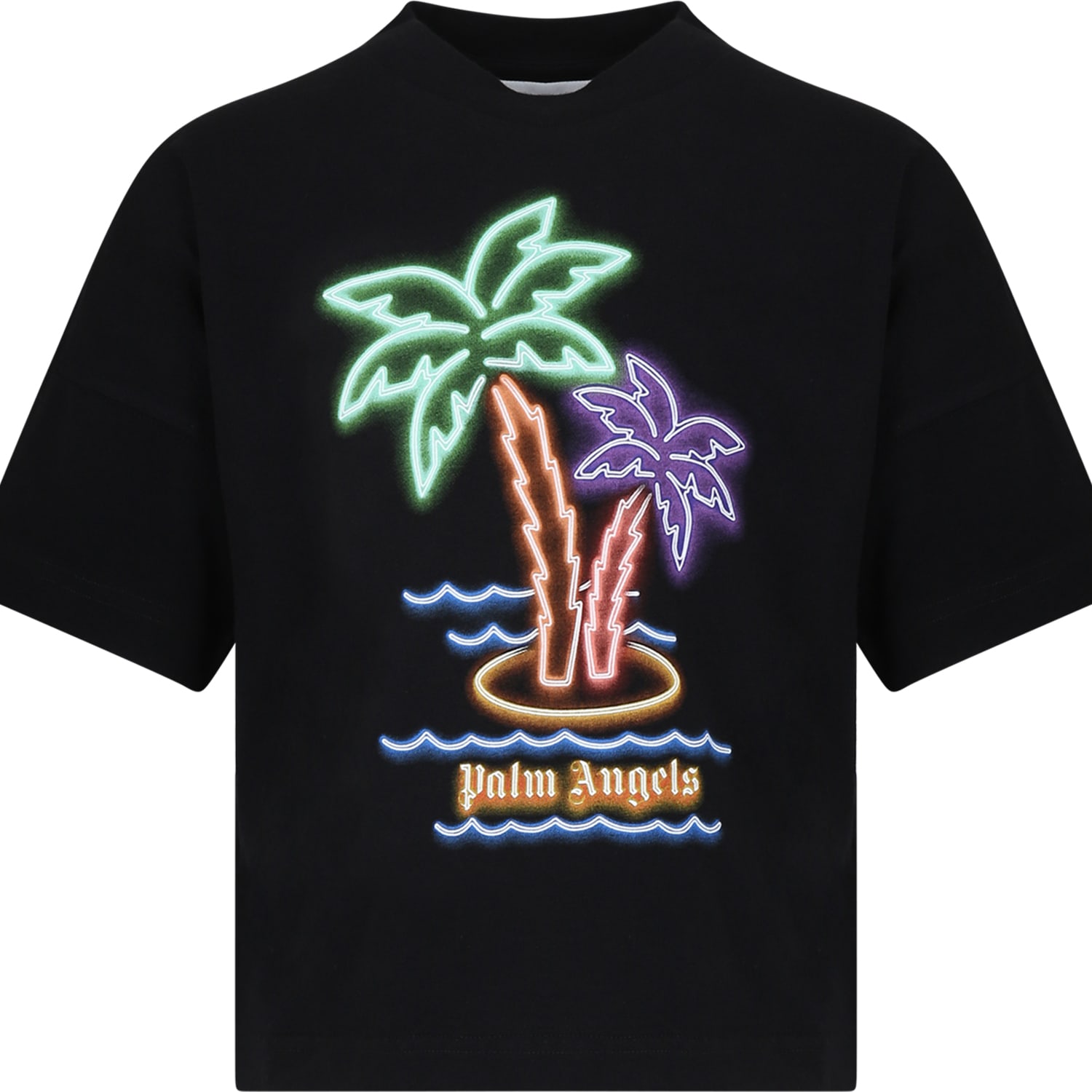 PALM ANGELS BLACK T-SHIRT FOR BOY WITH PALM TREE
