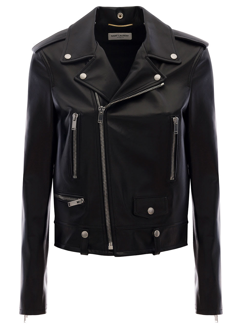 Shop Saint Laurent Black Classic Motorcycle Jacket With Epaulets In Leather Woman