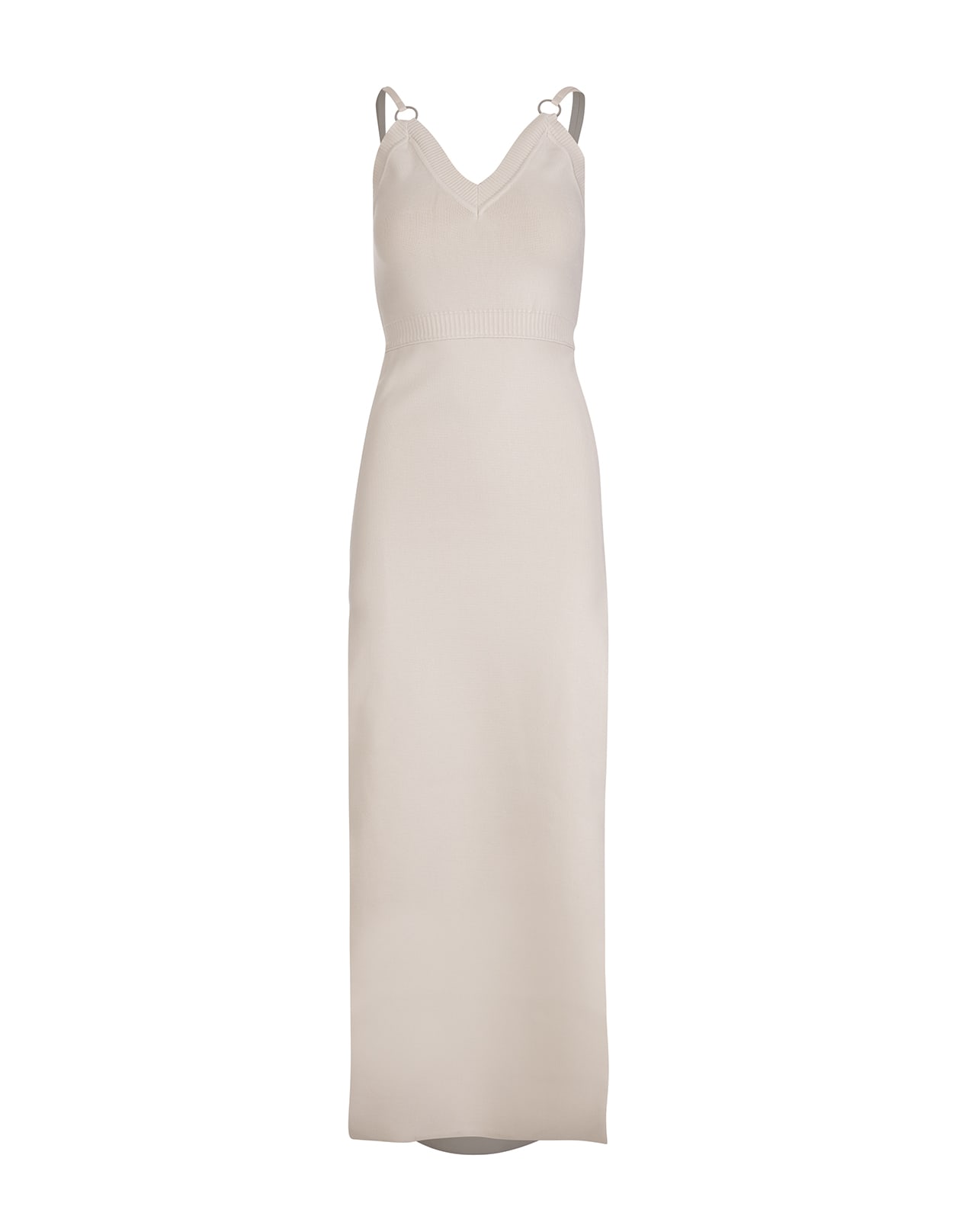 Paco Rabanne Light Beige Long Jersey Dress With Side Slits And Metallic Rings