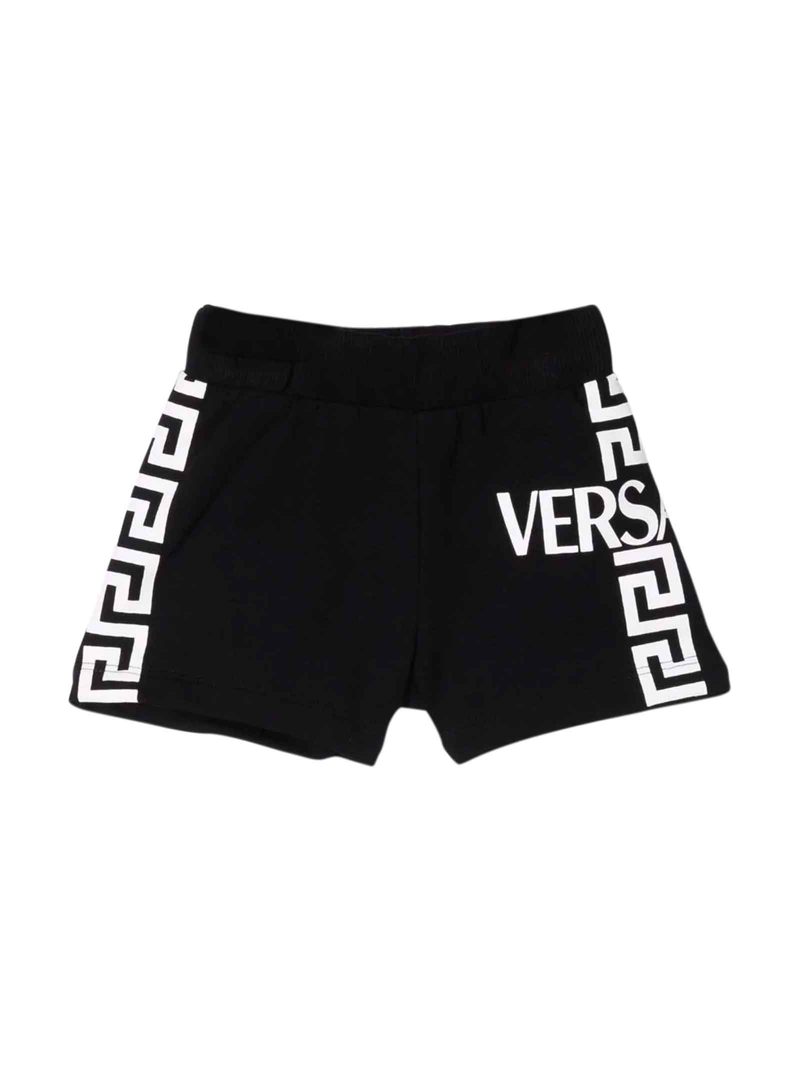 Versace Black Bermuda Shorts With White Greca Print And Logo Kids