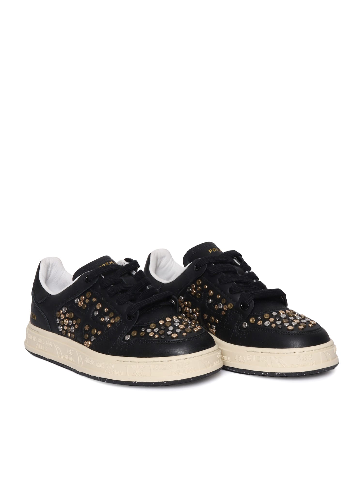Premiata Smooth Leather Sneakers With Metallic Accents In Black