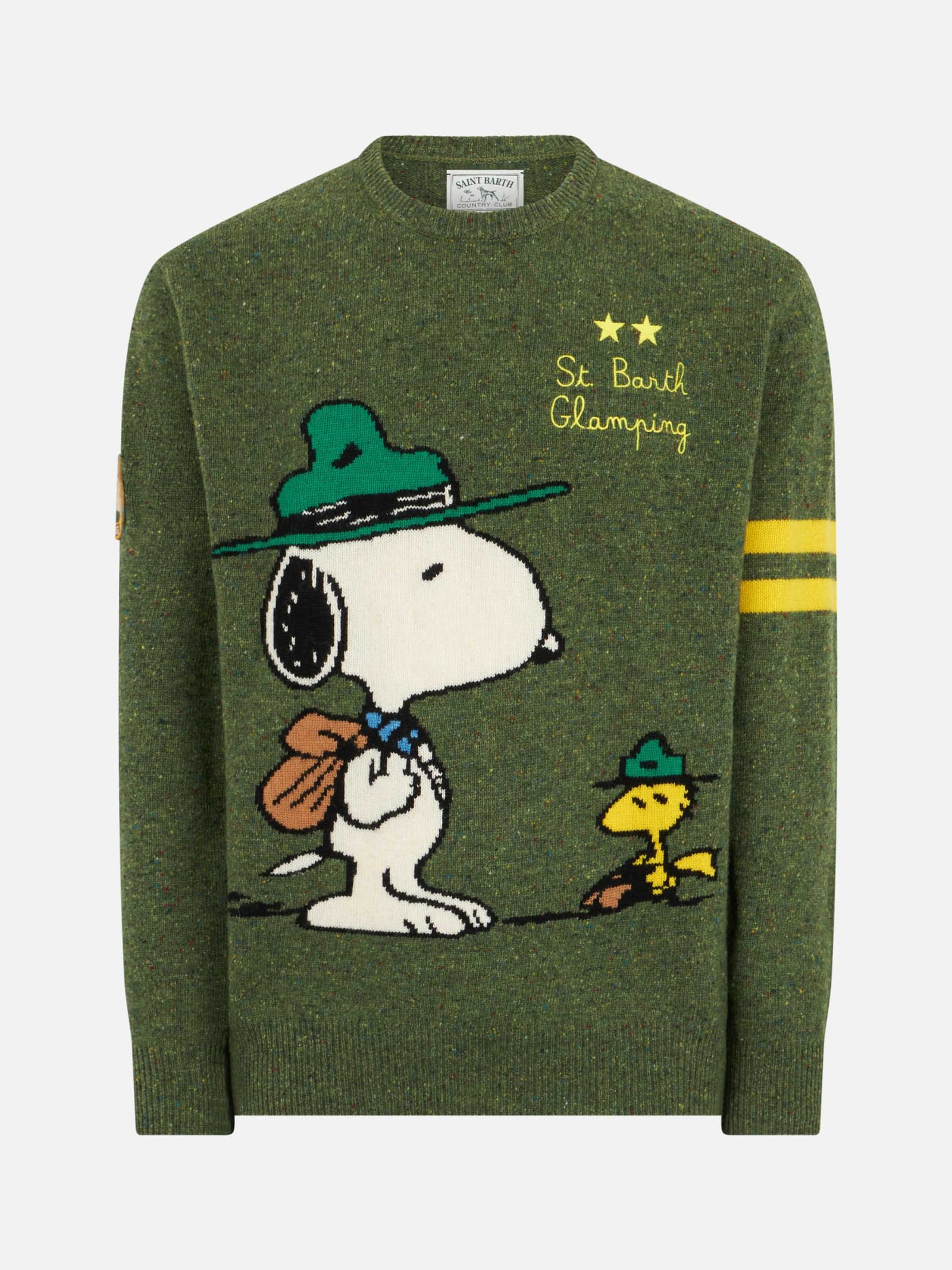 Mc2 Saint Barth Man Crewneck Donegal Sweater With Snoopy Jacquard Snoopy - ©peanuts Special Edition In Green