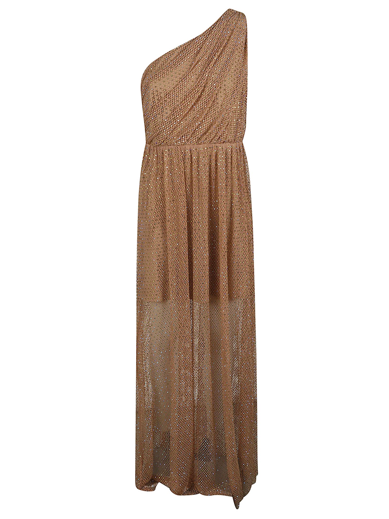 Self-portrait Tan Hotfix Fishnet Maxi Shoulder Dress In Nude