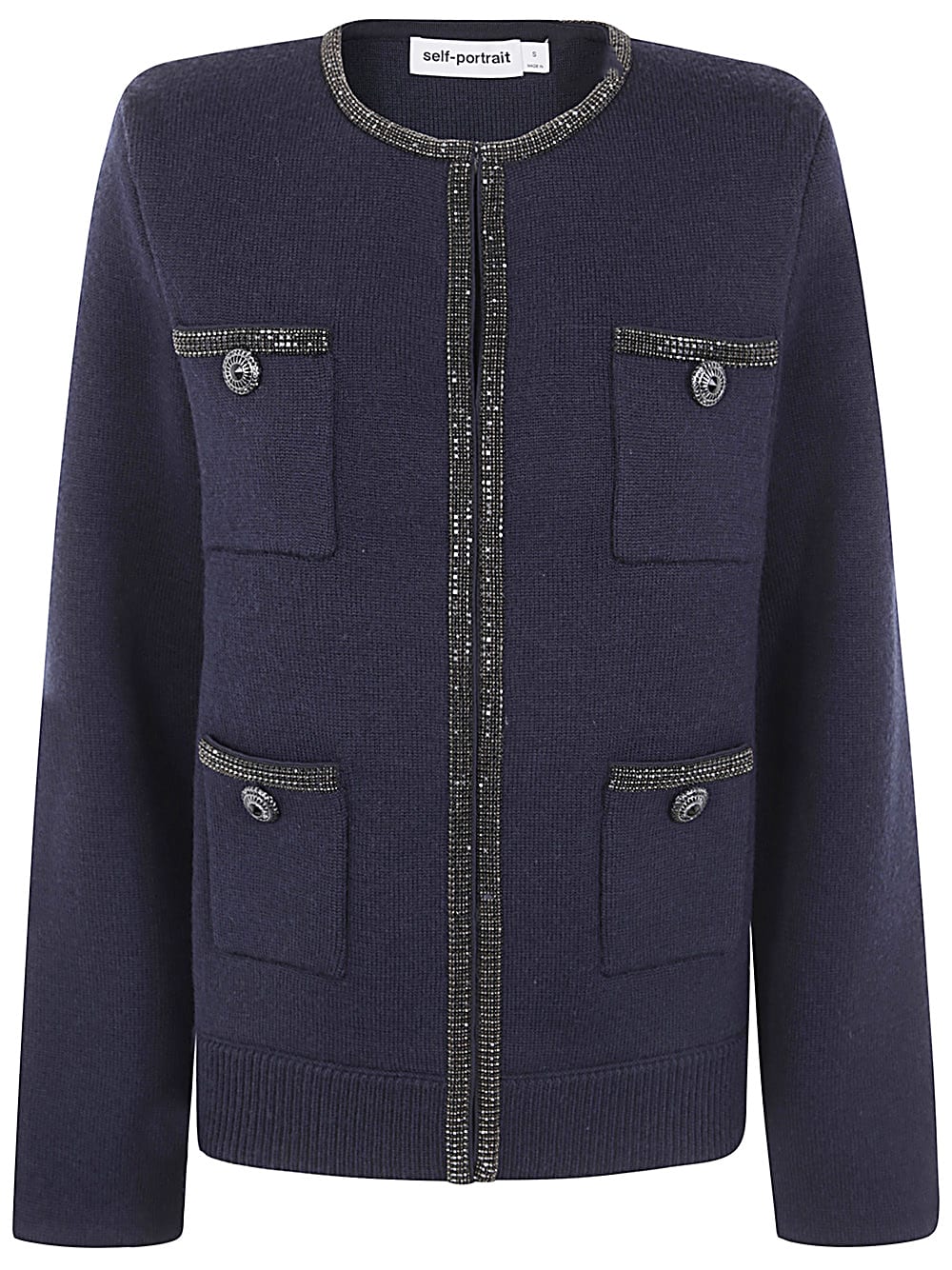 Shop Self-portrait Navy Embellished Knit Cardigan