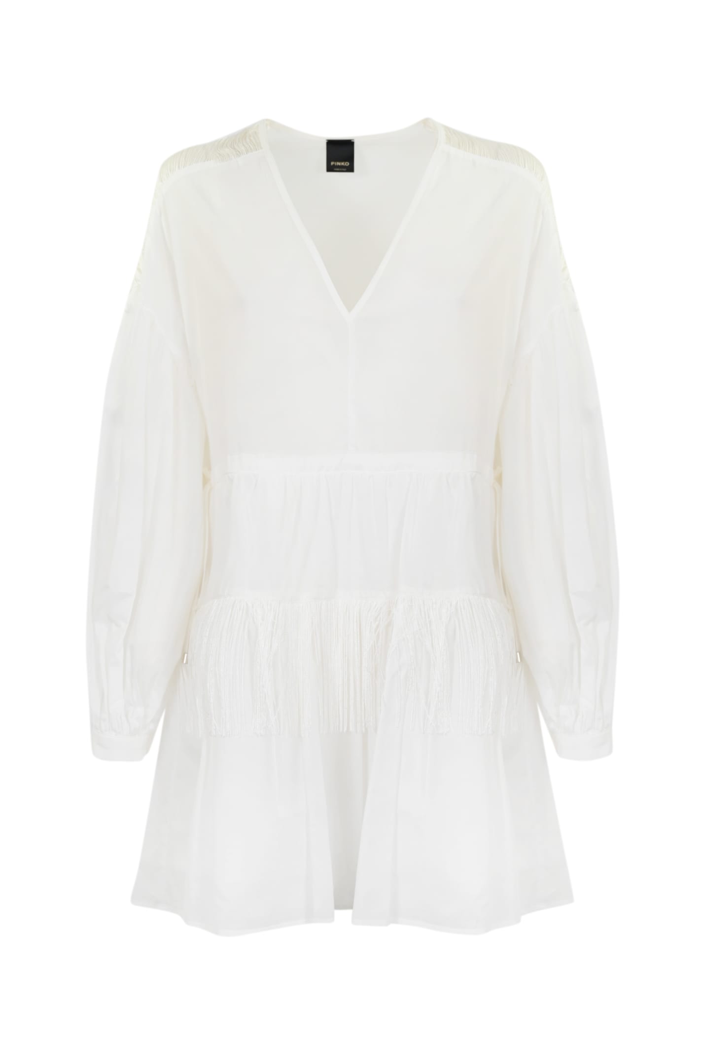 Shop Pinko Muslin Dress With Fringes In Bianco