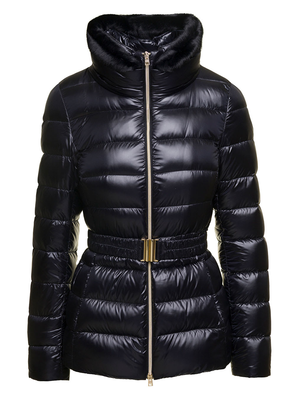 claudia Black Down Jacket With Fur Trim And Belt In Nylon Woman