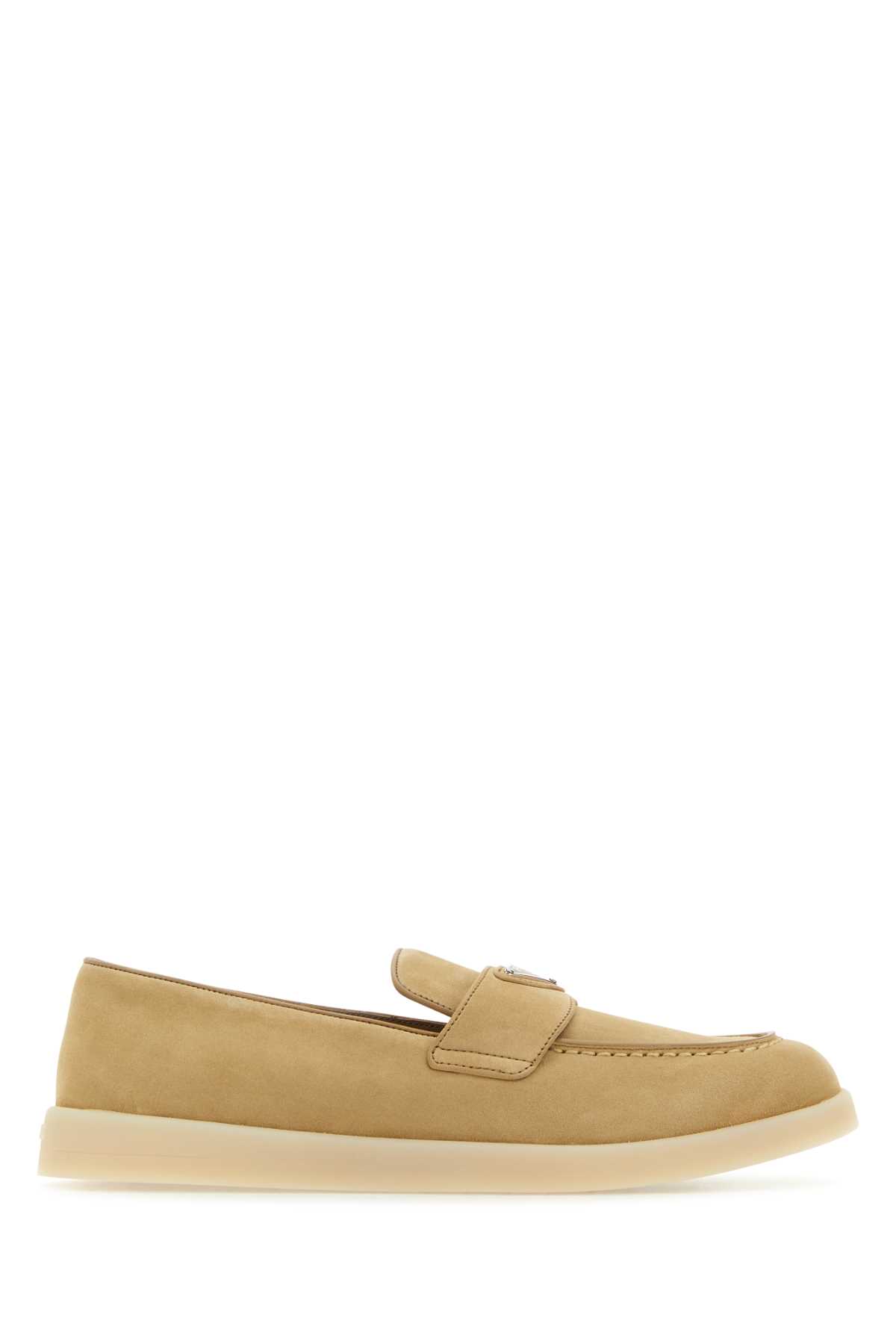 Prada Suede Loafers With Rubber Sole And Stitch Detailing In Brown
