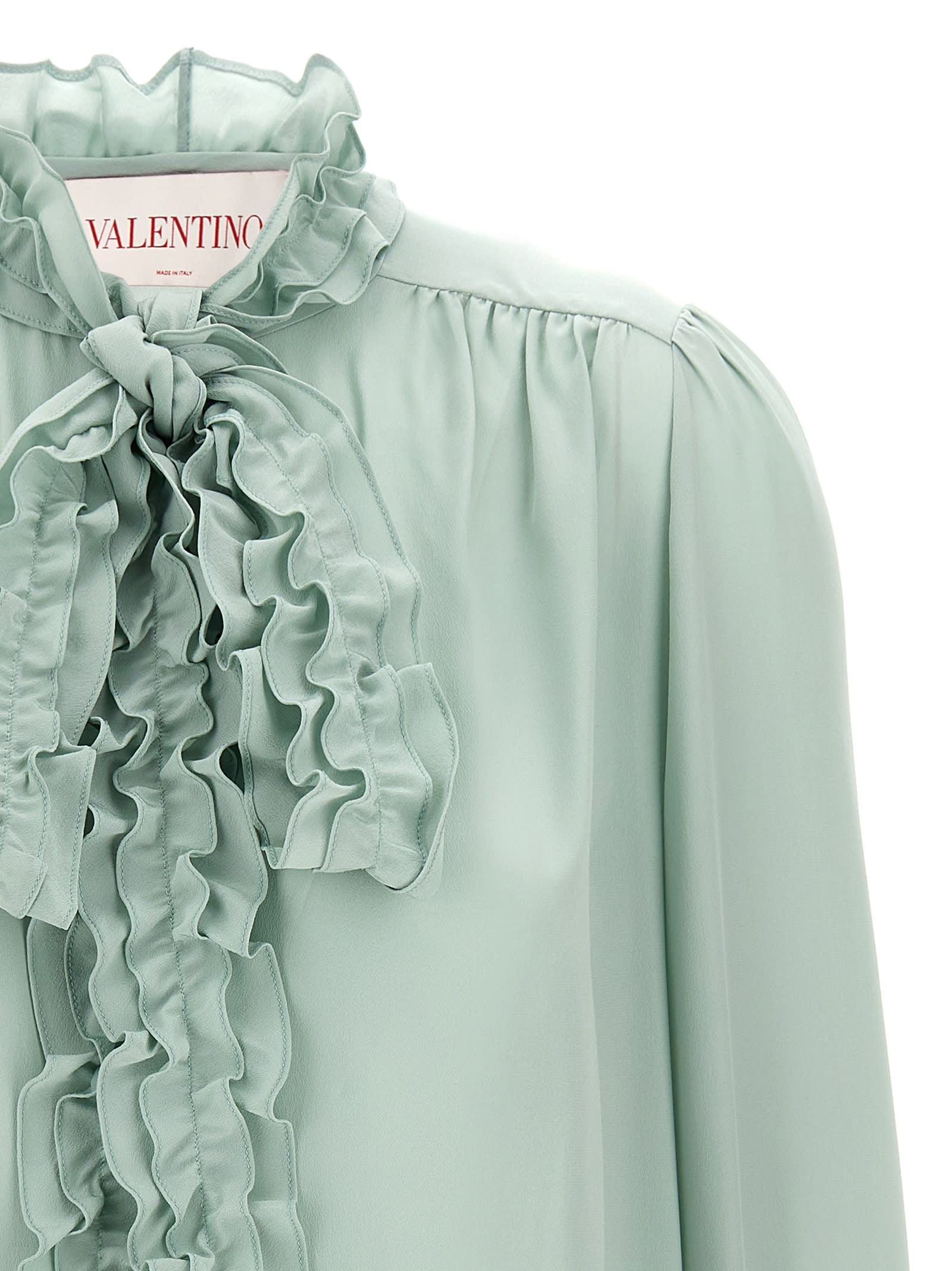 Valentino Crepe Shirt With High Neck And Ruffled Neckline In Green