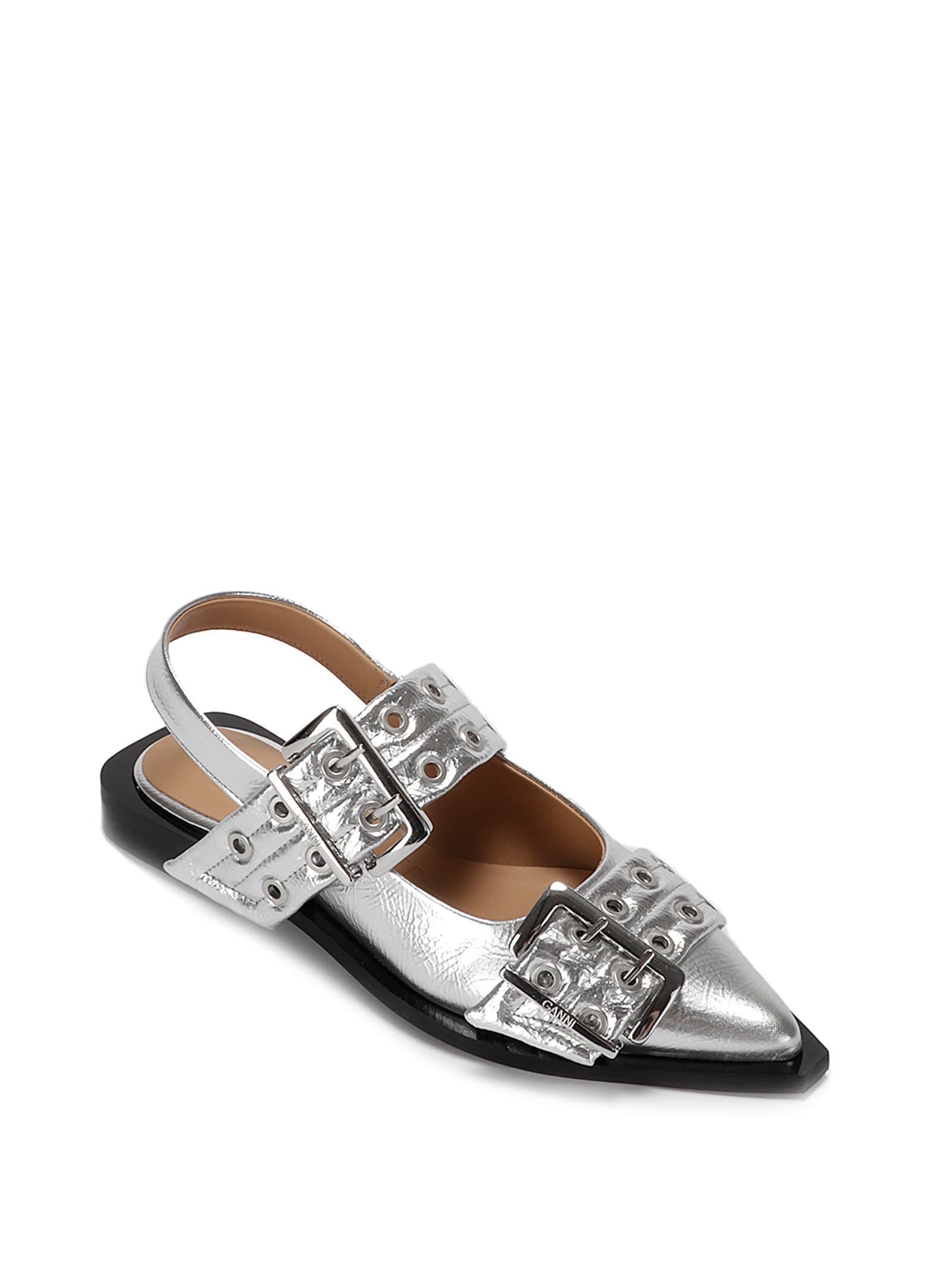 Shop Ganni Feminine Buckle Ballerina Metallic In Silver